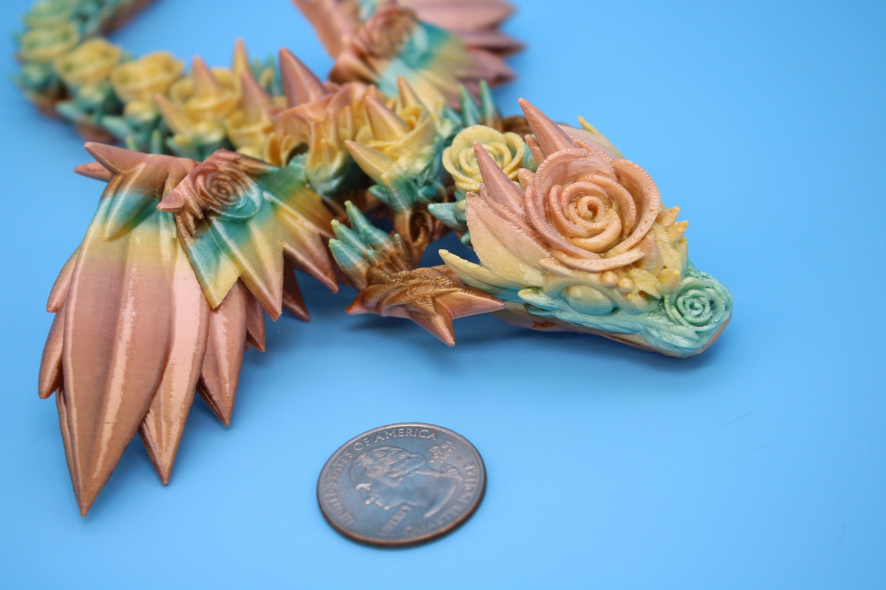 Miniature Baby Rose Wing Dragon | Rainbow | 3D printed articulating Toy Fidget | Flexi Toy 8.5 in. head to tail | Stress Relief Gift