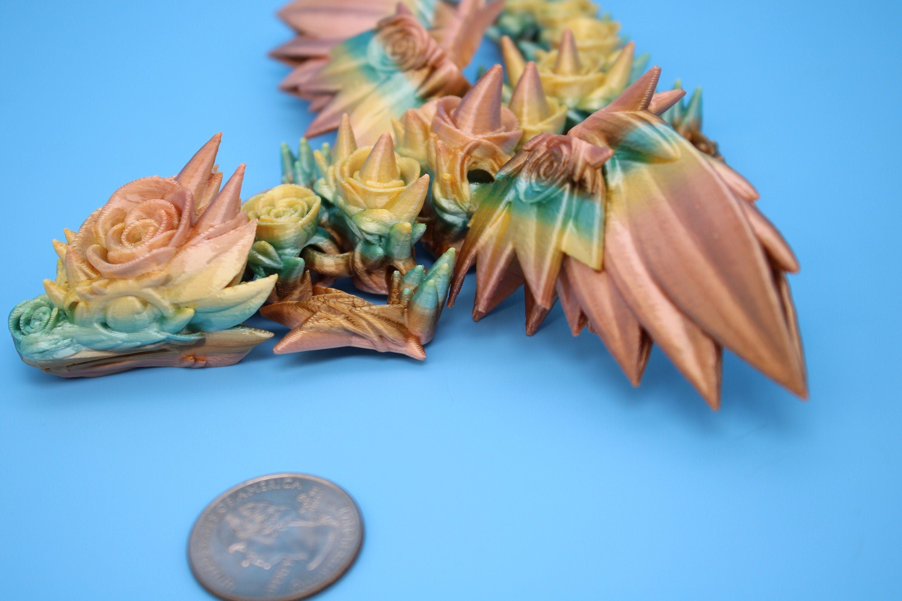 Miniature Baby Rose Wing Dragon | Rainbow | 3D printed articulating Toy Fidget | Flexi Toy 8.5 in. head to tail | Stress Relief Gift