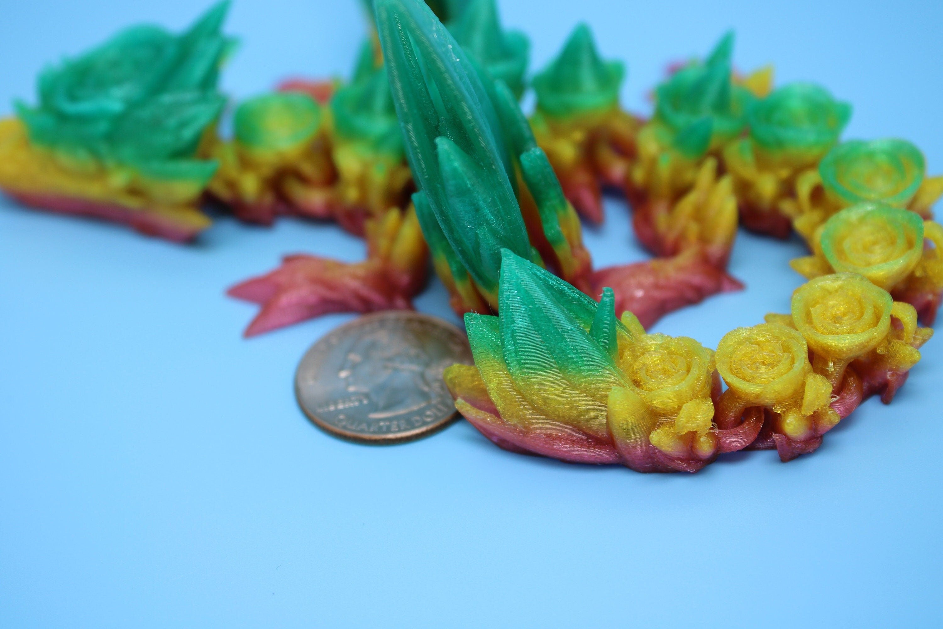 Flexible Miniature Baby Rose Wing Dragon | Rainbow | 3D printed articulating Toy Fidget | Flexi Toy 8.5 in. head to tail | Stress Relief.