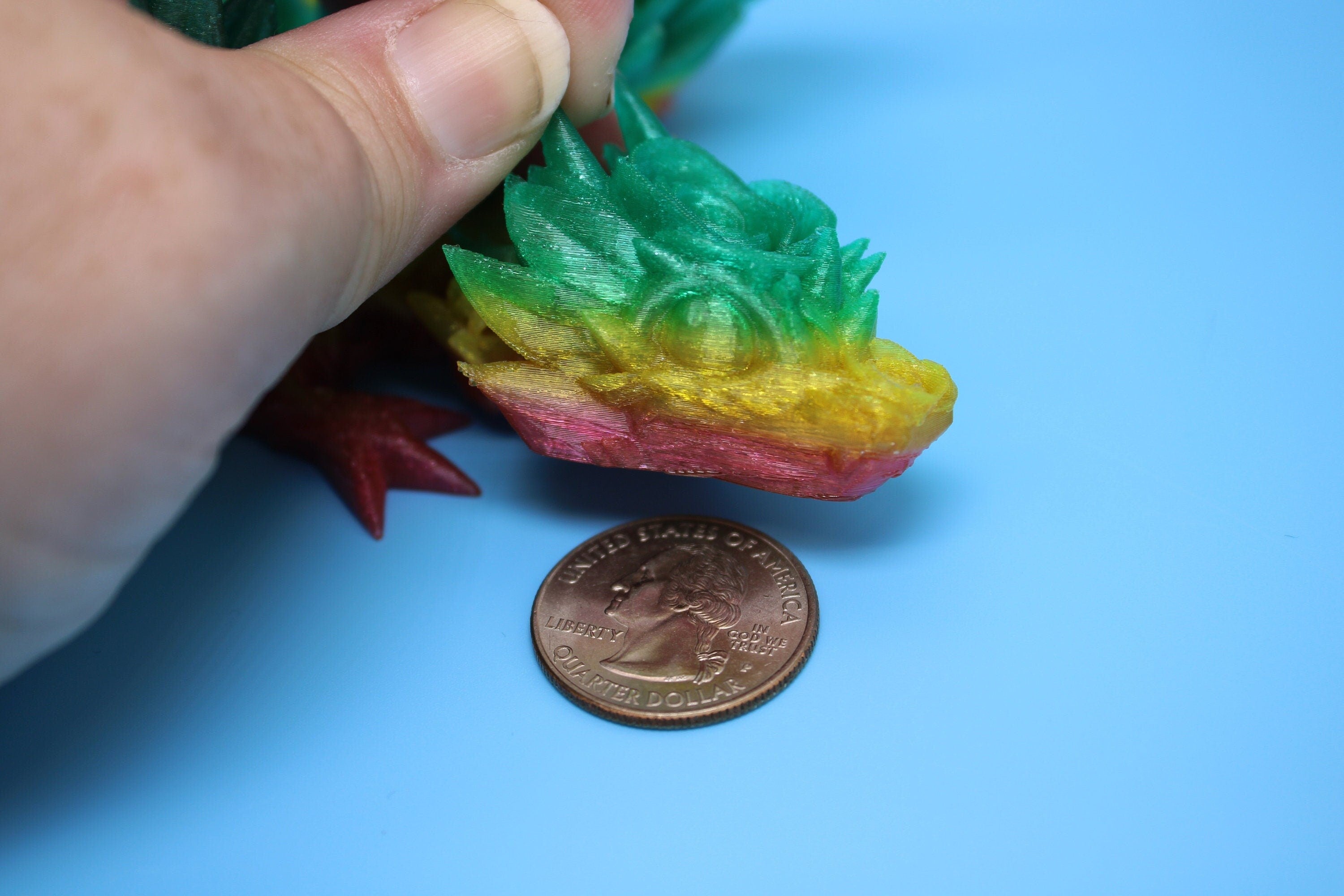 Flexible Miniature Baby Rose Wing Dragon | Rainbow | 3D printed articulating Toy Fidget | Flexi Toy 8.5 in. head to tail | Stress Relief.