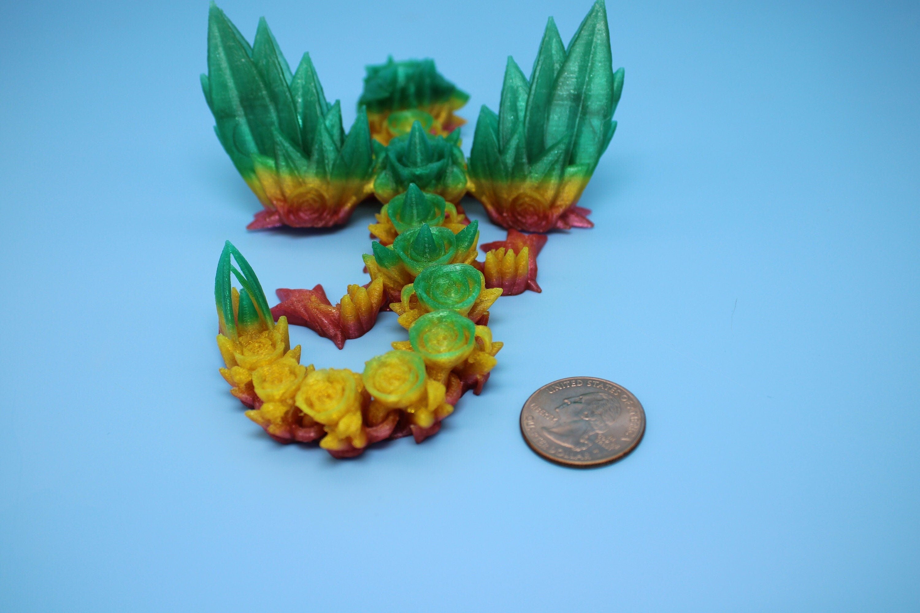 Flexible Miniature Baby Rose Wing Dragon | Rainbow | 3D printed articulating Toy Fidget | Flexi Toy 8.5 in. head to tail | Stress Relief.