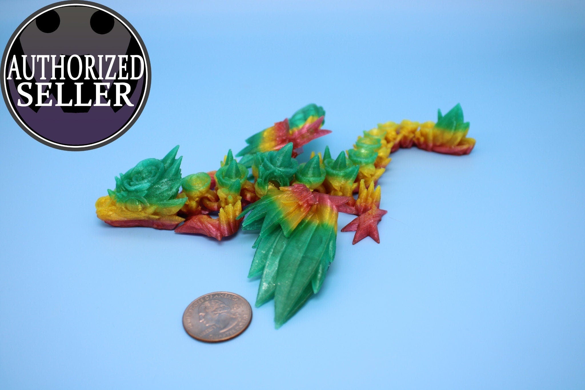 Flexible Miniature Baby Rose Wing Dragon | Rainbow | 3D printed articulating Toy Fidget | Flexi Toy 8.5 in. head to tail | Stress Relief.