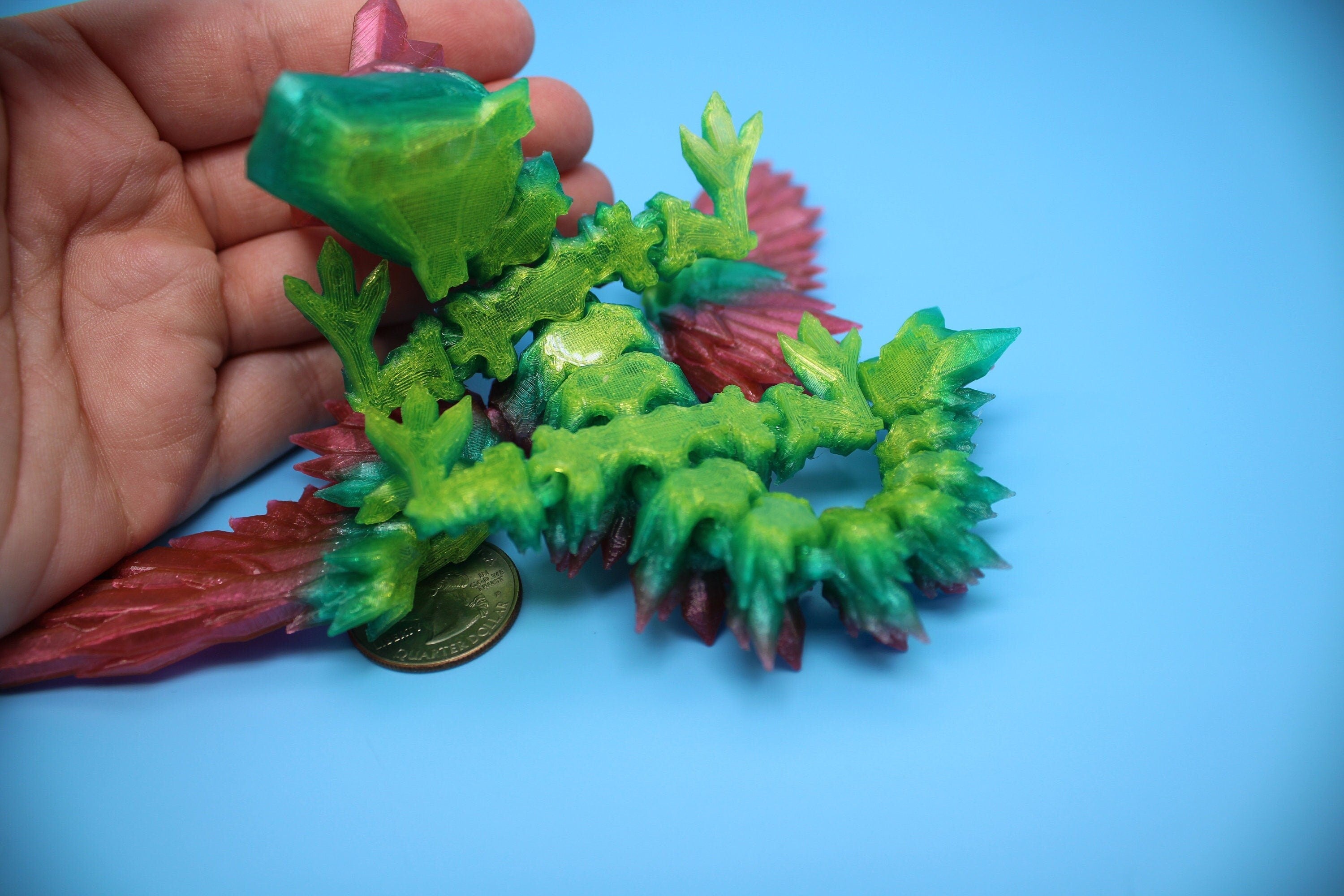 Flexible Miniature Baby Crystal Winged Dragon | Rainbow | 3D Printed Articulating Toy Fidget | Flexi Toy 7 in. head to tail | Stress Relief