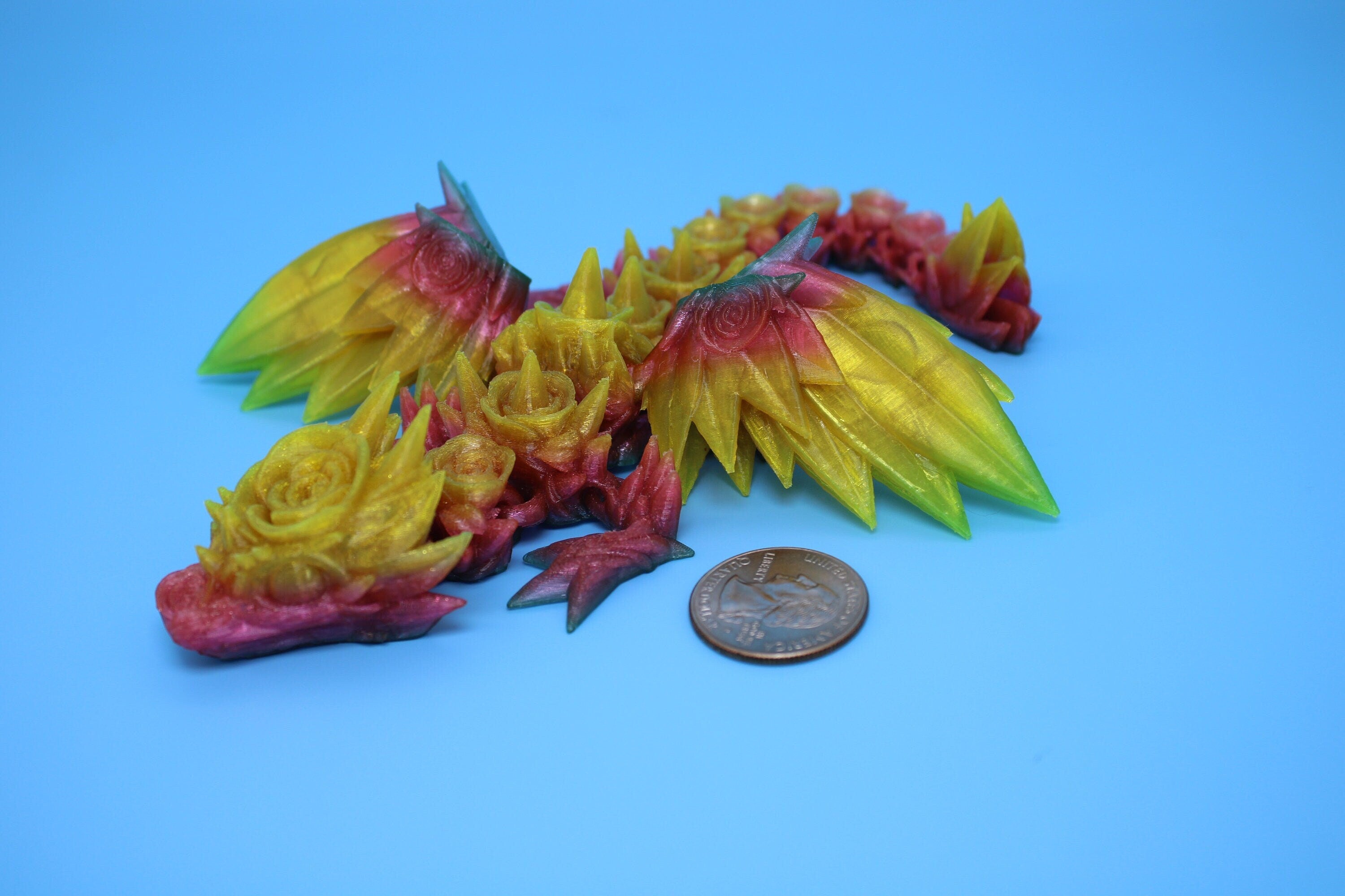 Flexible Miniature Baby Rose Wing Dragon | Rainbow | 3D printed articulating Toy Fidget | Flexi Toy 8.5 in. head to tail | Stress Relief.