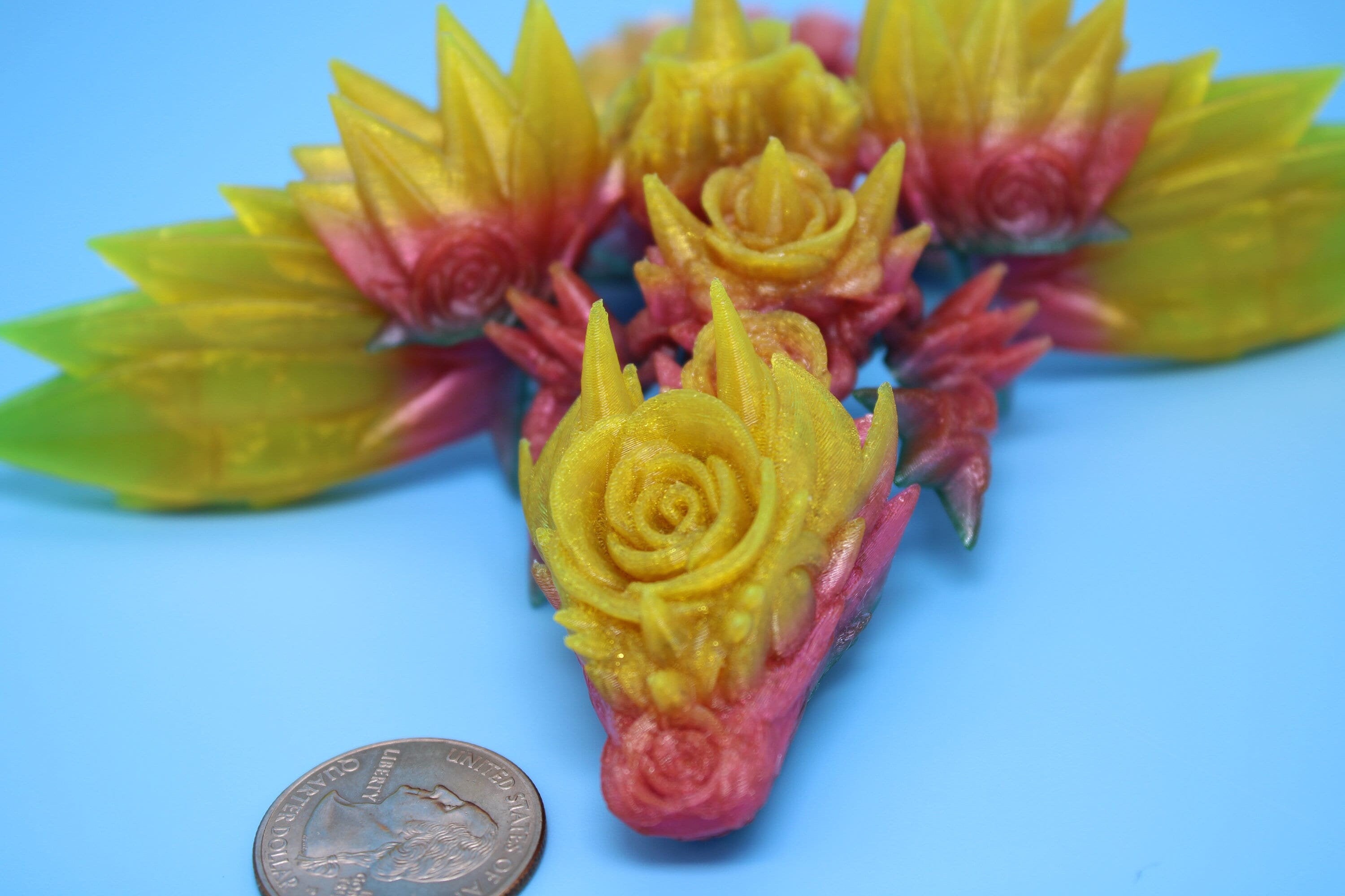 Flexible Miniature Baby Rose Wing Dragon | Rainbow | 3D printed articulating Toy Fidget | Flexi Toy 8.5 in. head to tail | Stress Relief.