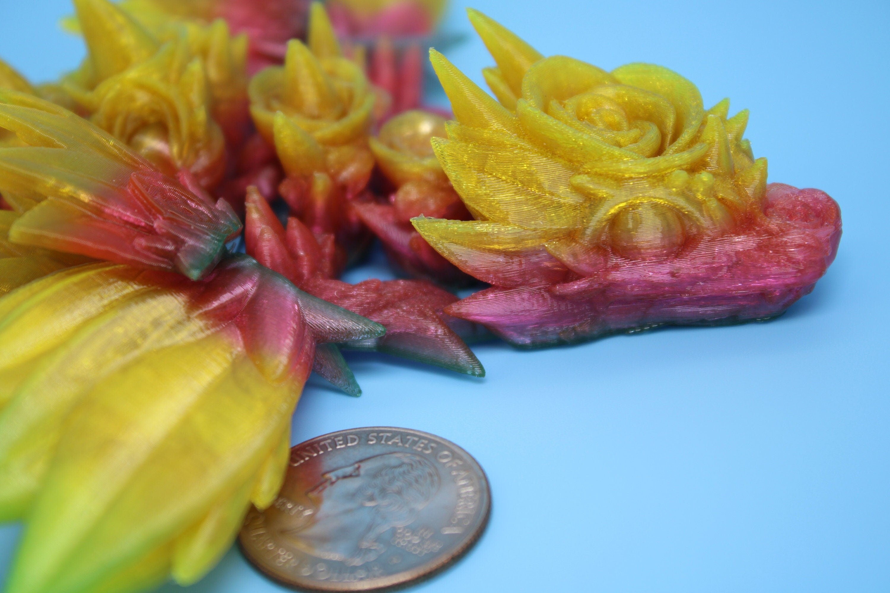 Flexible Miniature Baby Rose Wing Dragon | Rainbow | 3D printed articulating Toy Fidget | Flexi Toy 8.5 in. head to tail | Stress Relief.