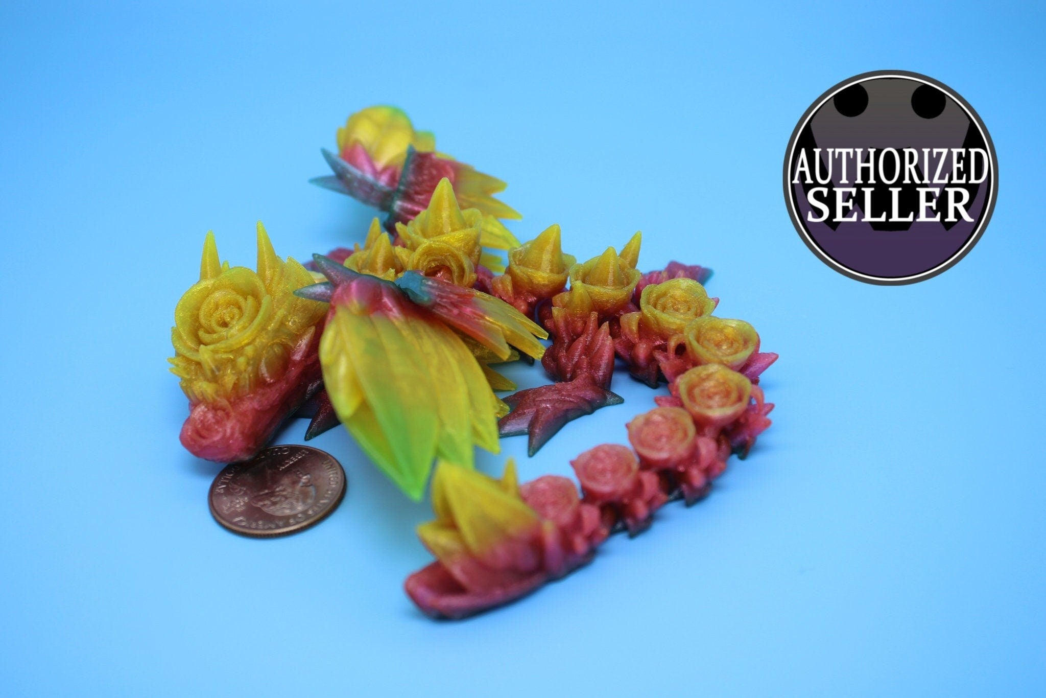 Flexible Miniature Baby Rose Wing Dragon | Rainbow | 3D printed articulating Toy Fidget | Flexi Toy 8.5 in. head to tail | Stress Relief.