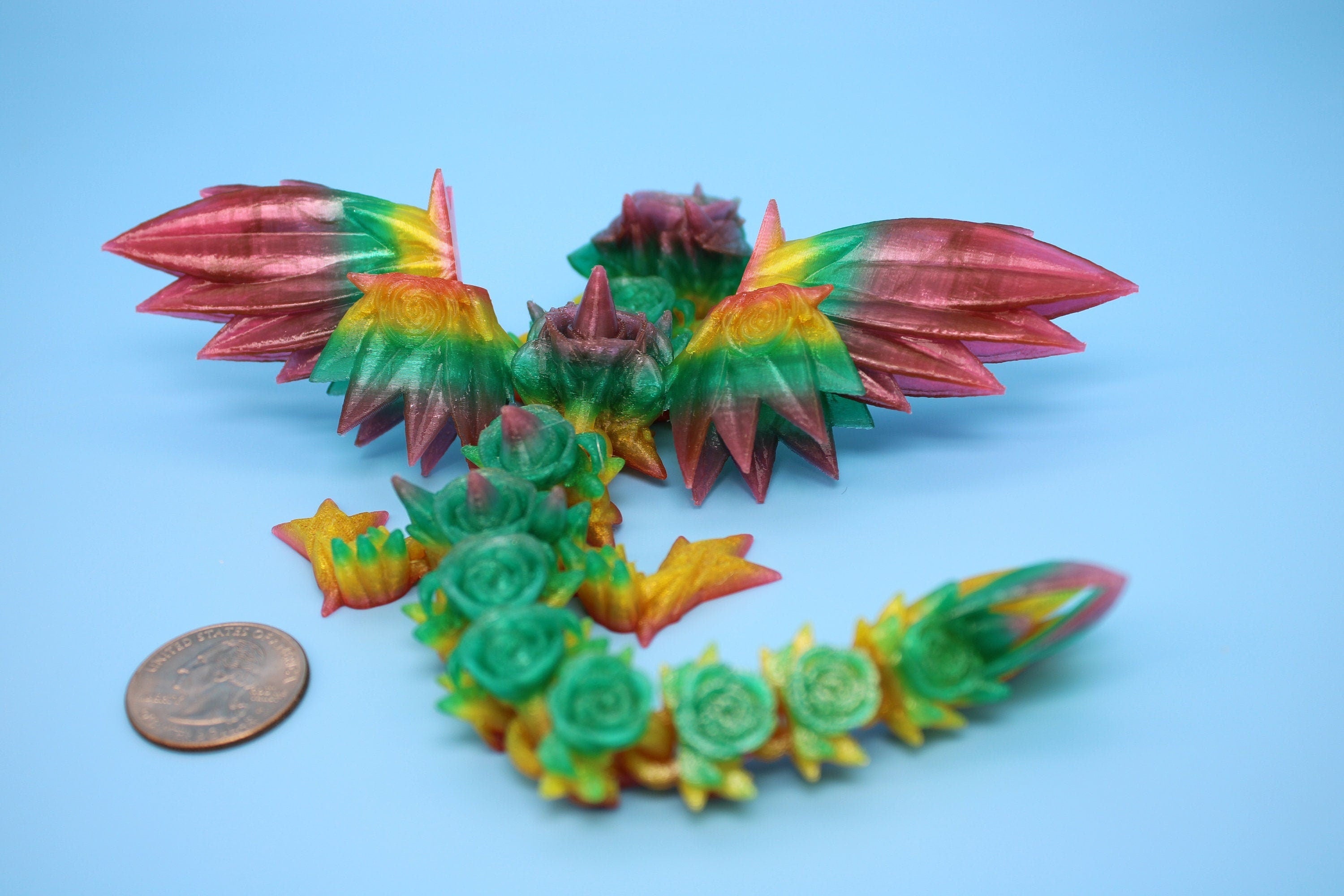 Flexible Miniature Baby Rose Wing Dragon | Rainbow | 3D printed articulating Toy Fidget | Flexi Toy 8.5 in. head to tail | Stress Relief.