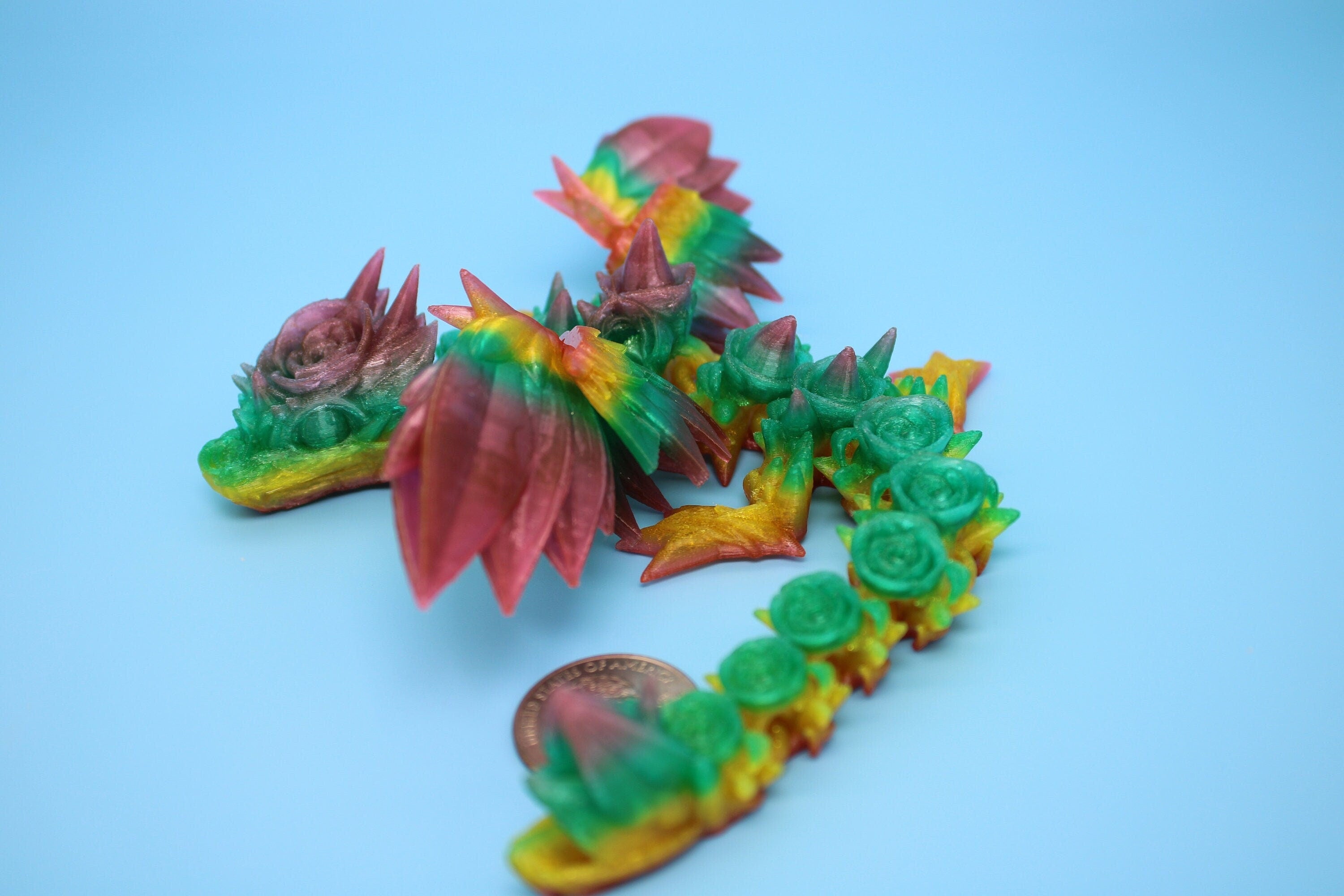 Flexible Miniature Baby Rose Wing Dragon | Rainbow | 3D printed articulating Toy Fidget | Flexi Toy 8.5 in. head to tail | Stress Relief.