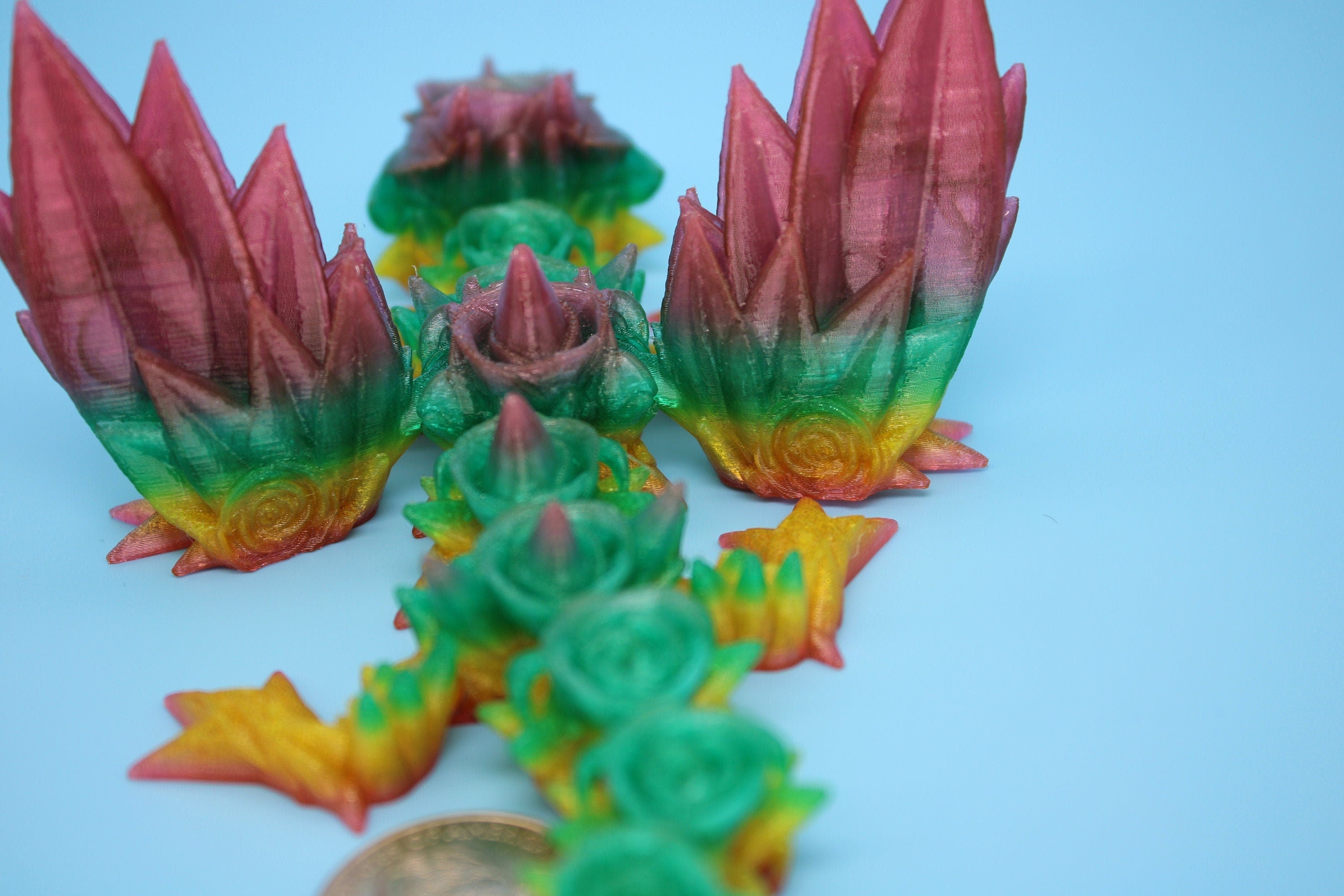 Flexible Miniature Baby Rose Wing Dragon | Rainbow | 3D printed articulating Toy Fidget | Flexi Toy 8.5 in. head to tail | Stress Relief.