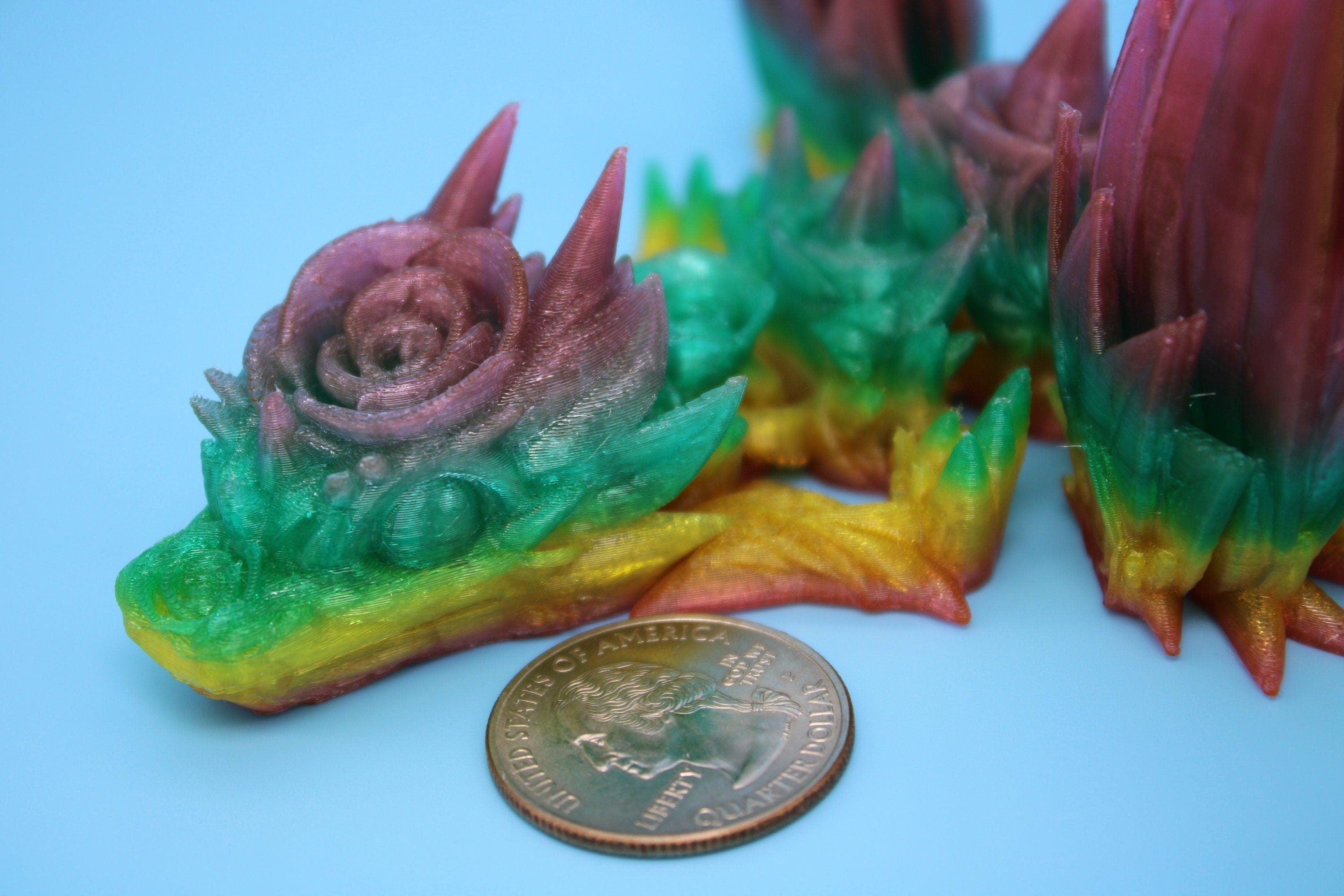 Flexible Miniature Baby Rose Wing Dragon | Rainbow | 3D printed articulating Toy Fidget | Flexi Toy 8.5 in. head to tail | Stress Relief.