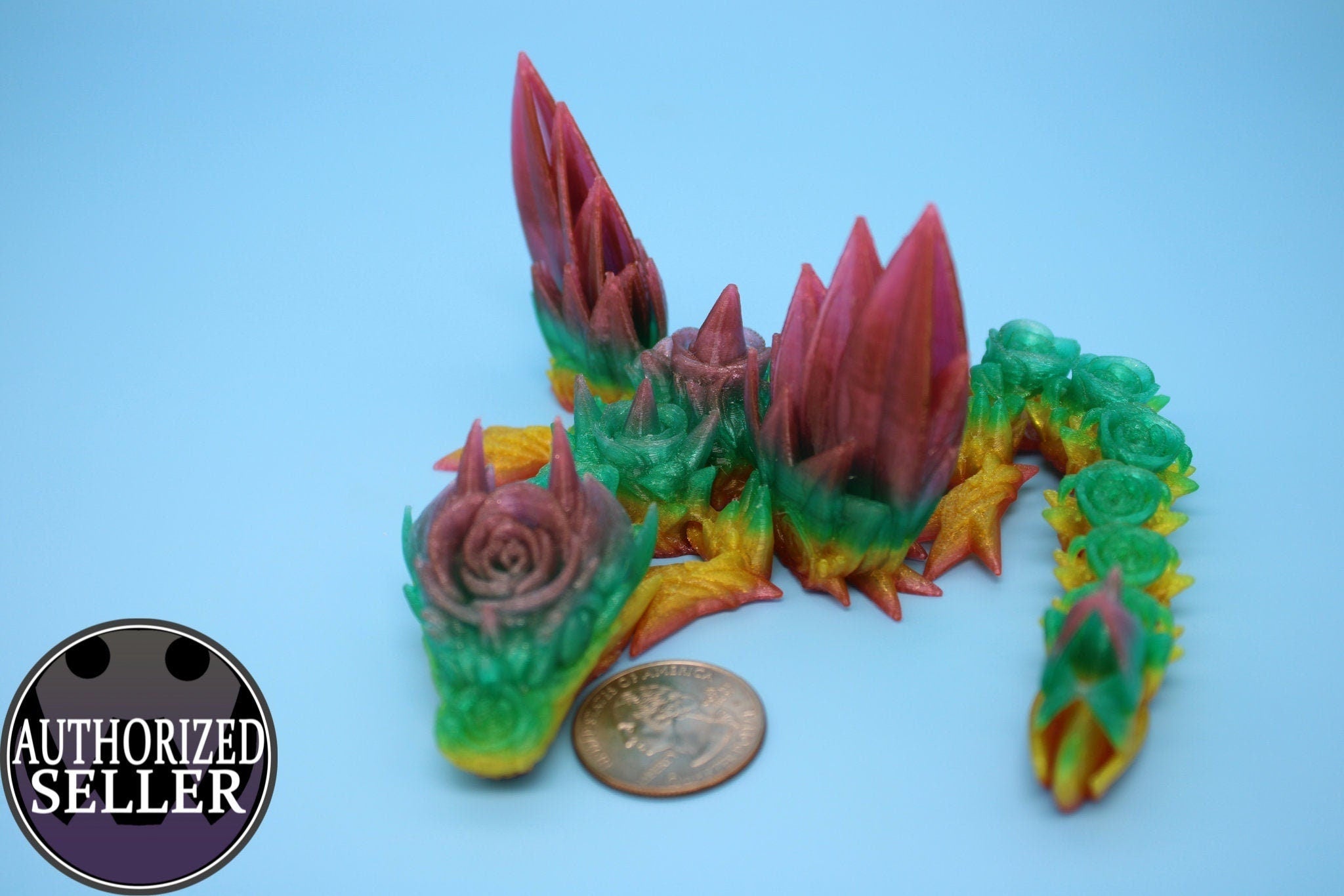 Flexible Miniature Baby Rose Wing Dragon | Rainbow | 3D printed articulating Toy Fidget | Flexi Toy 8.5 in. head to tail | Stress Relief.