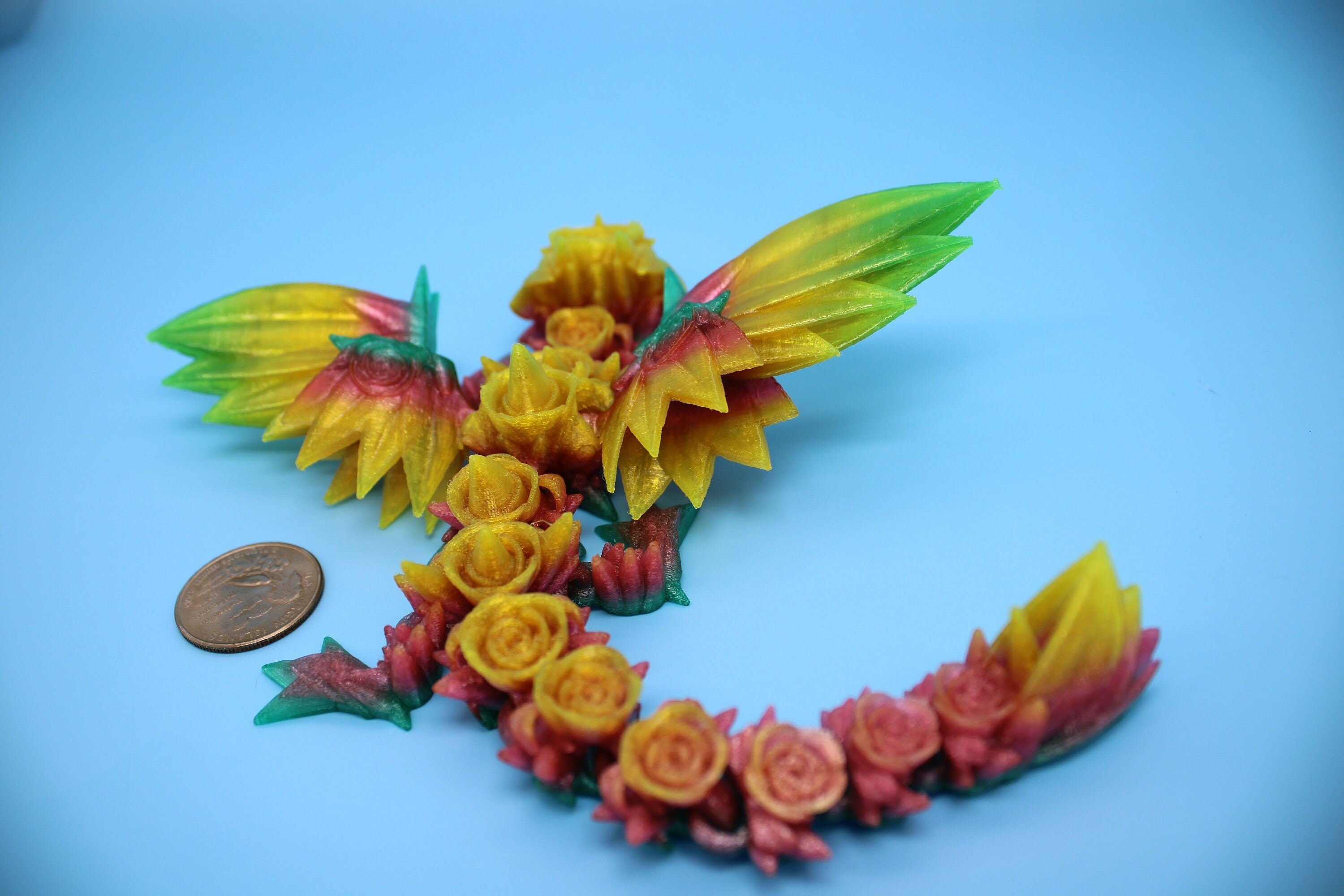 Flexible Miniature Baby Rose Wing Dragon | Rainbow | 3D printed articulating Toy Fidget | Flexi Toy 8.5 in. head to tail | Stress Relief.
