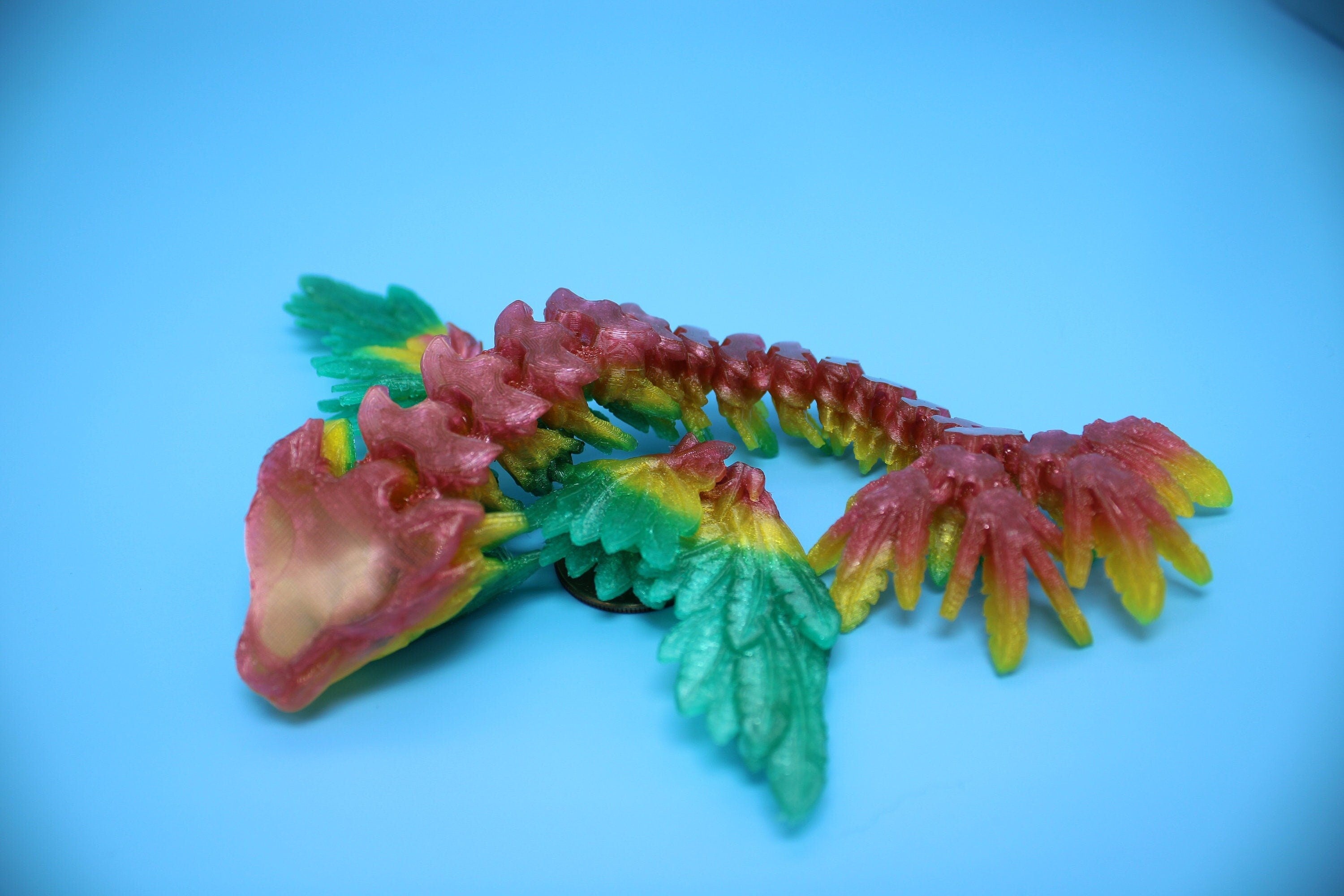 Flexible Miniature Baby Flying Serpent Dragon Rainbow 3D printed articulating Toy Fidget Flexi Toy 7 in. head to tail Stress Relief Gift