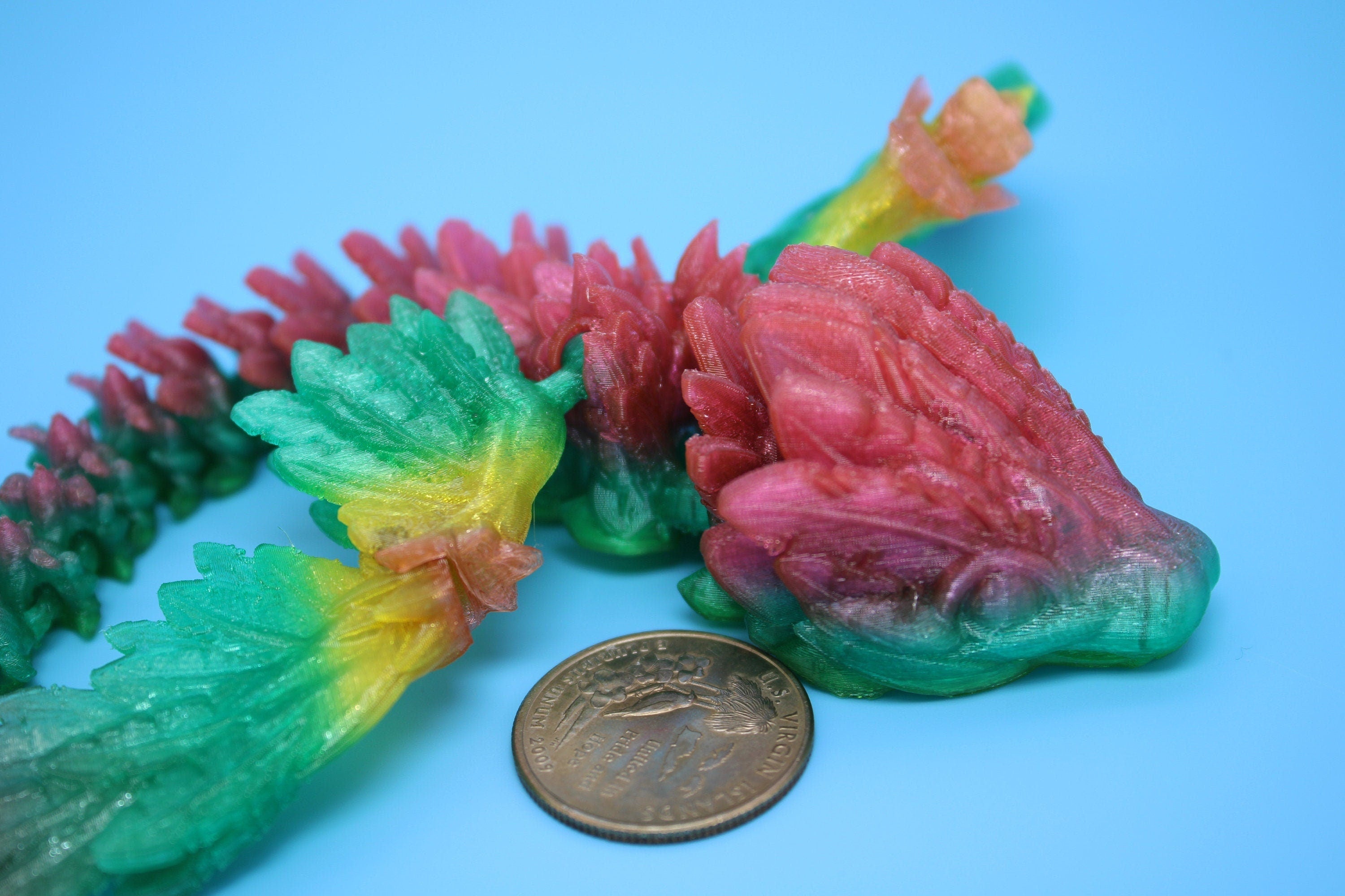 Flexible Miniature Baby Flying Serpent Dragon Rainbow 3D printed articulating Toy Fidget Flexi Toy 7 in. head to tail Stress Relief Gift