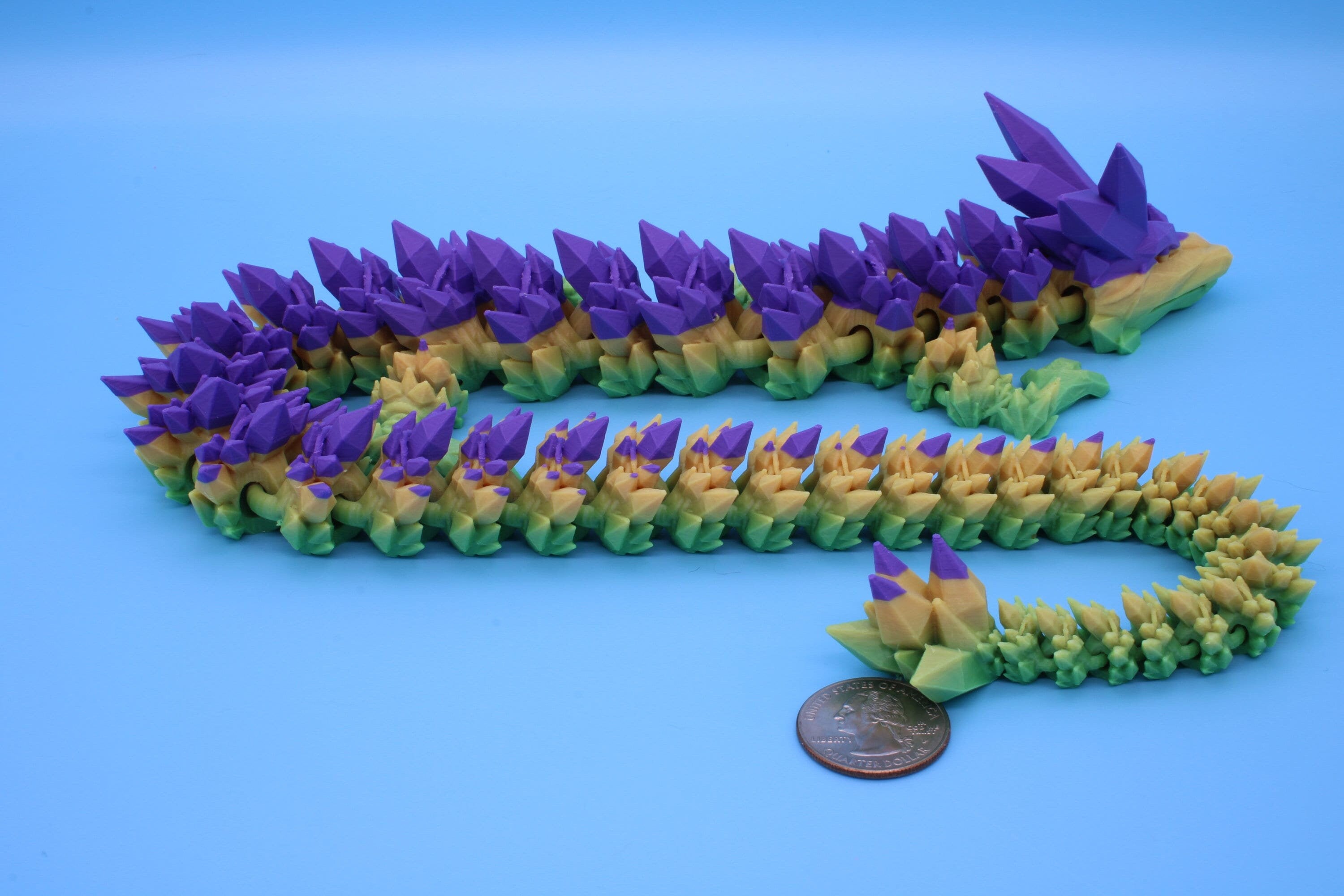 Purple, Yellow, Green Crystal Dragon | 3D Printed Articulating Dragon | Flexi Toy | Adult Fidget Toy | Dragon Buddy ready for you! 24 inch.