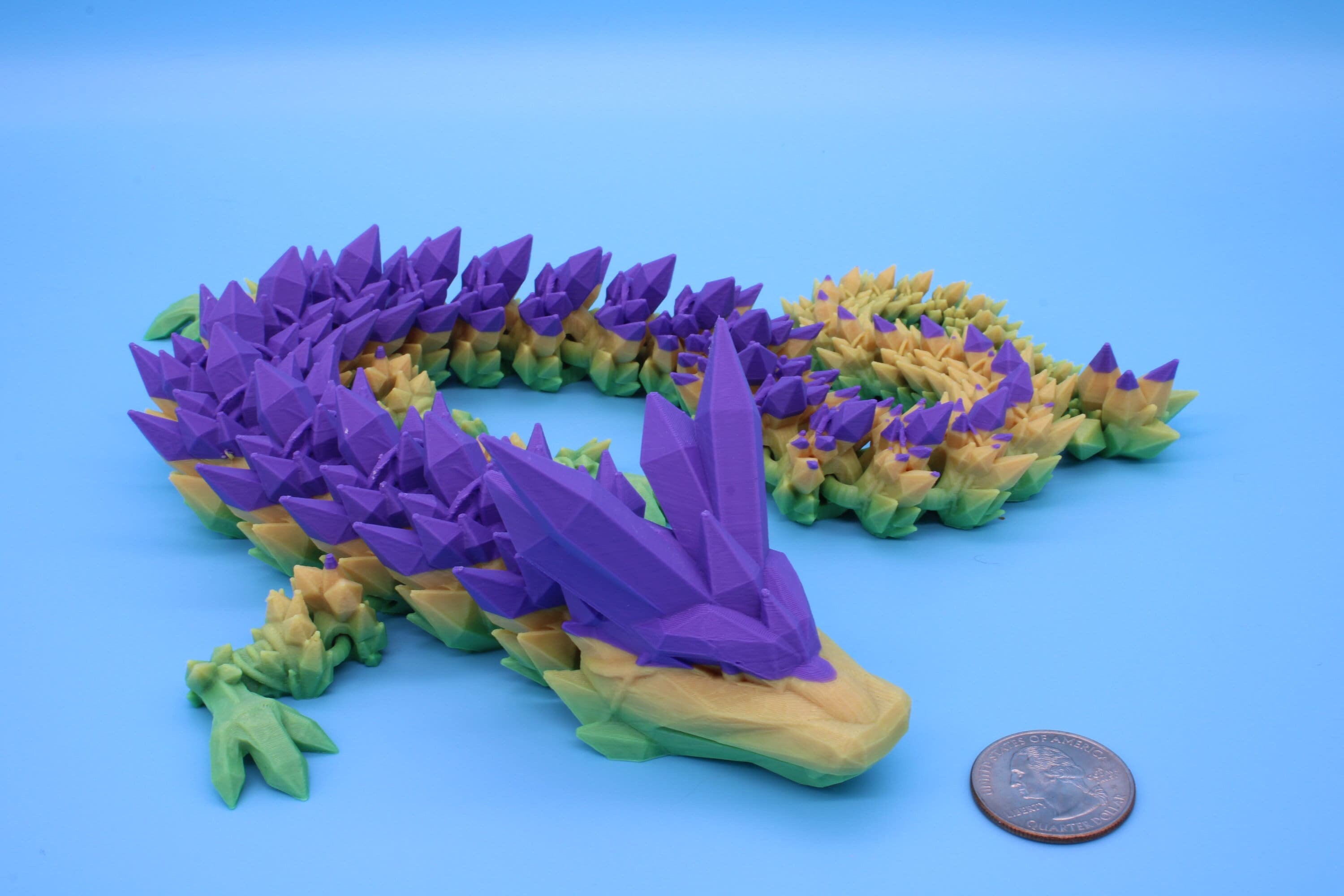 Purple, Yellow, Green Crystal Dragon | 3D Printed Articulating Dragon | Flexi Toy | Adult Fidget Toy | Dragon Buddy ready for you! 24 inch.