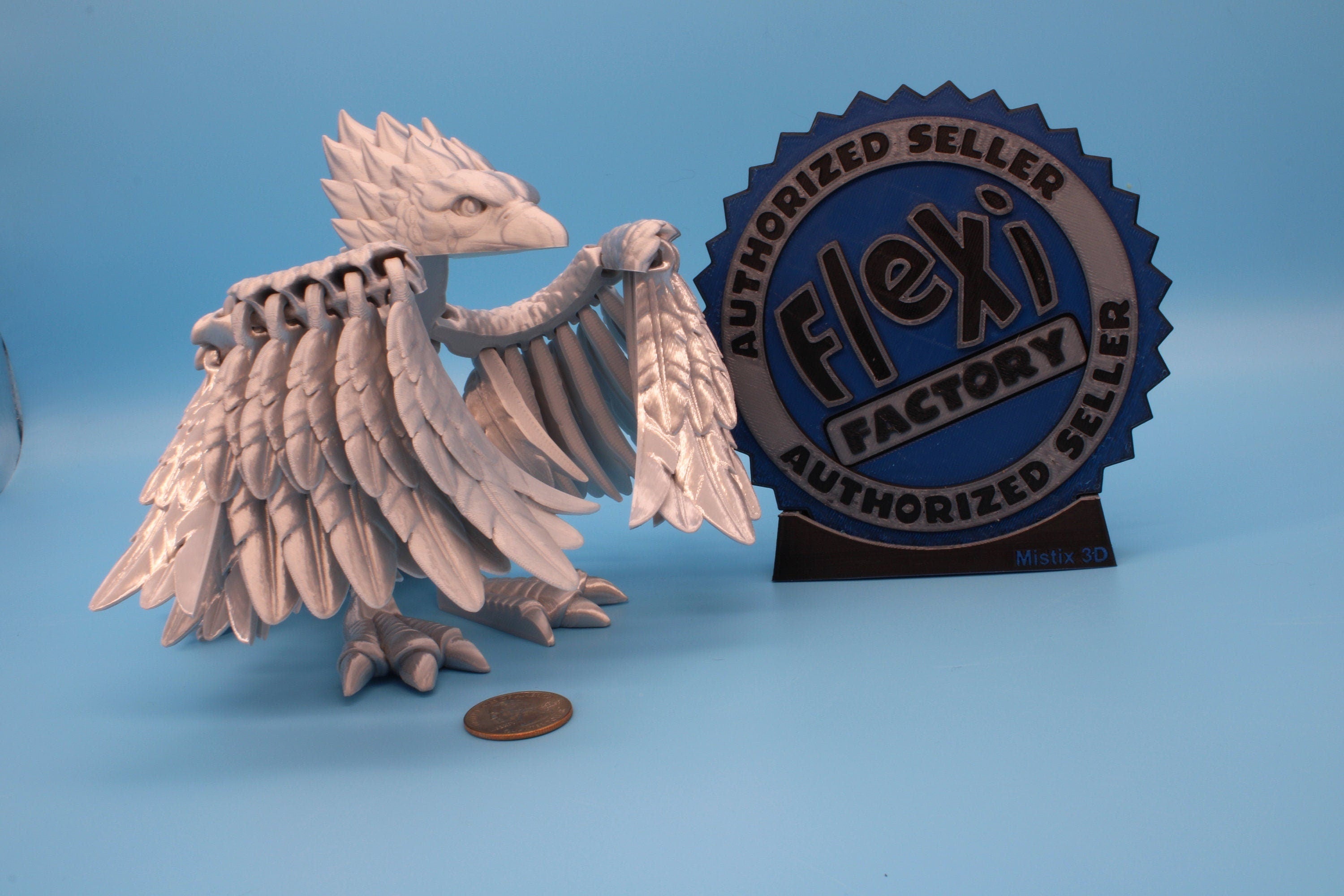 XL Phoenix Silver color | Cute Flexi | Unique 3D printed. | Great Articulating fidget toy, desk, sensory toy | 5.5 inch tall | 10 in wing.