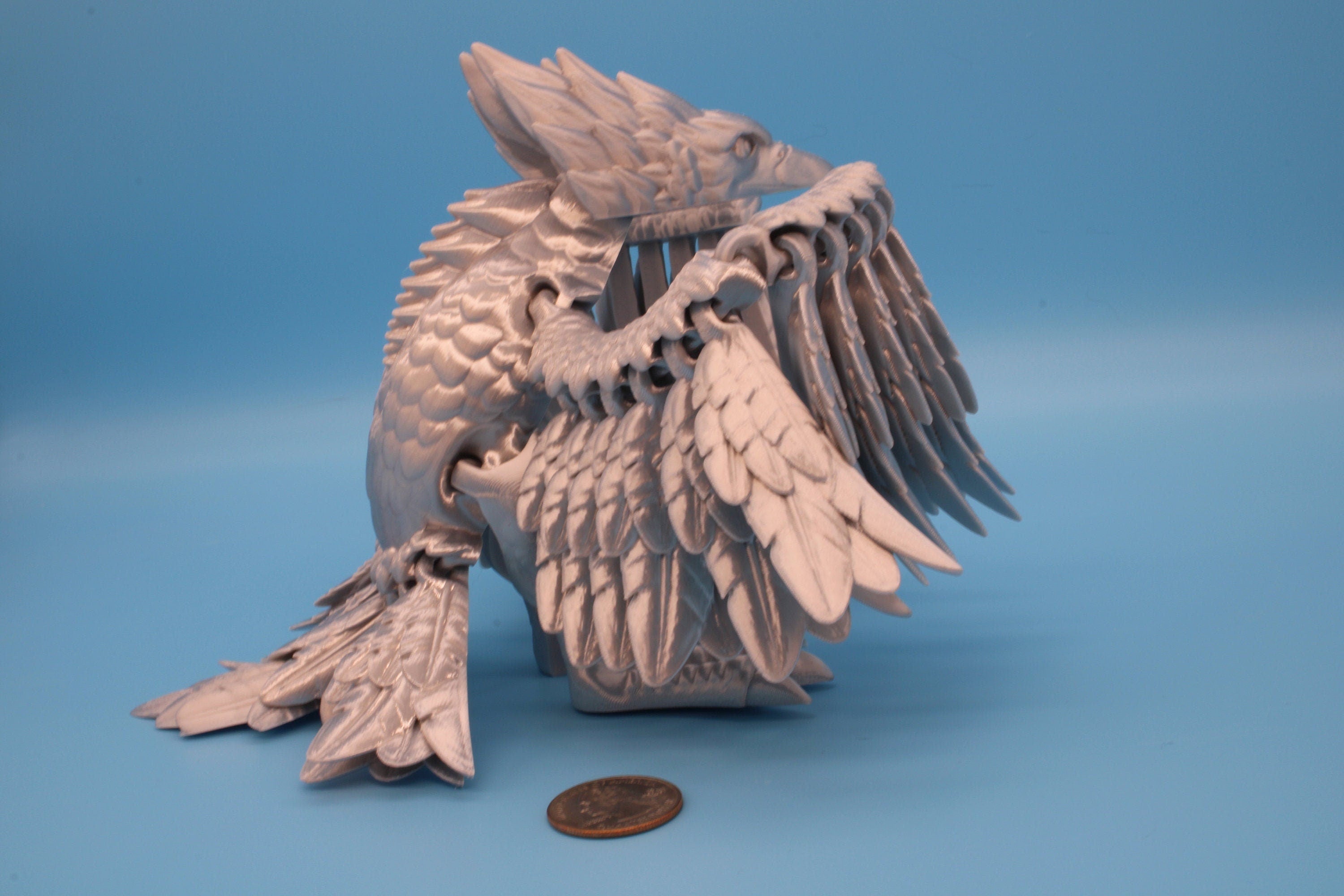 XL Phoenix Silver color | Cute Flexi | Unique 3D printed. | Great Articulating fidget toy, desk, sensory toy | 5.5 inch tall | 10 in wing.