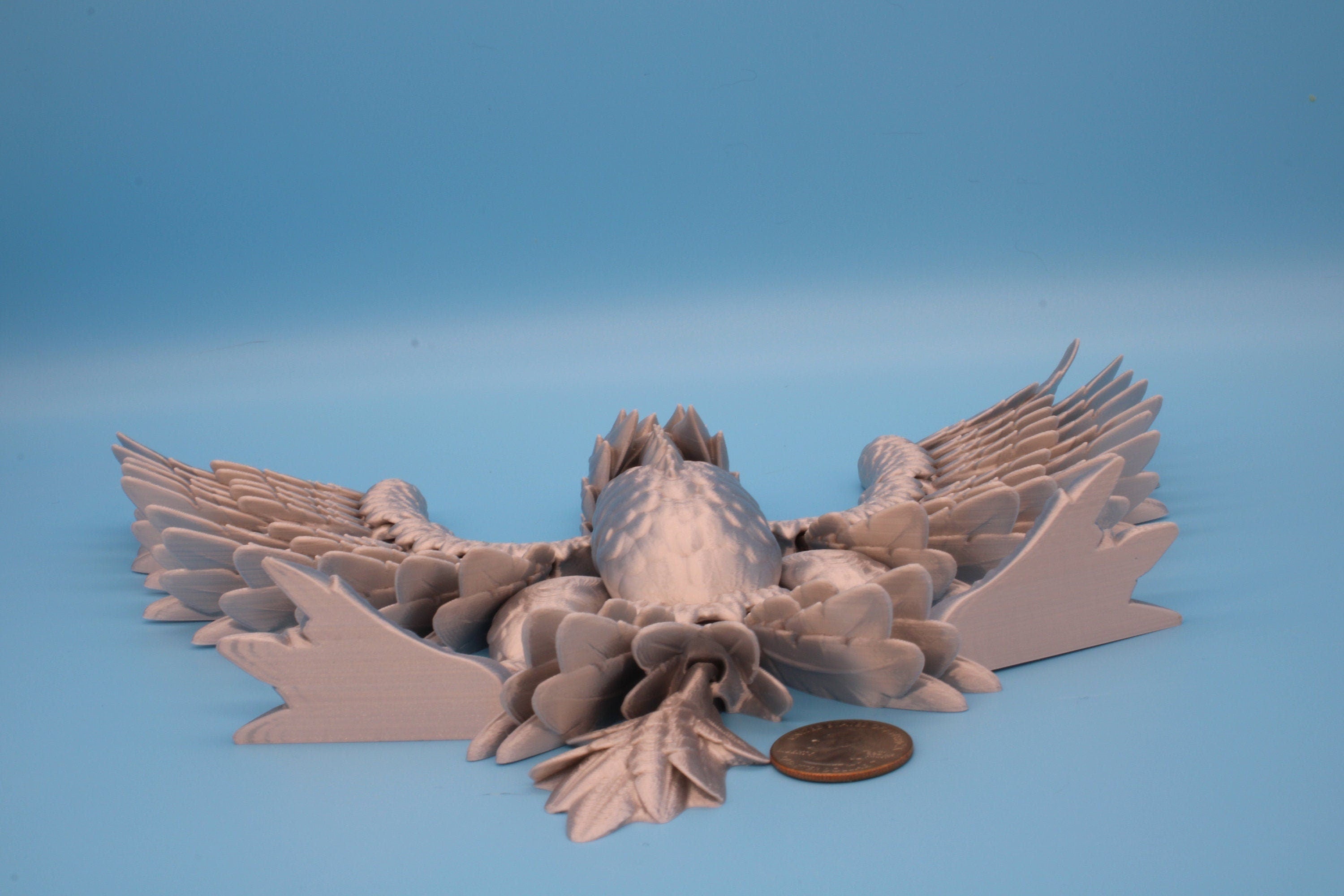 XL Phoenix Silver color | Cute Flexi | Unique 3D printed. | Great Articulating fidget toy, desk, sensory toy | 5.5 inch tall | 10 in wing.