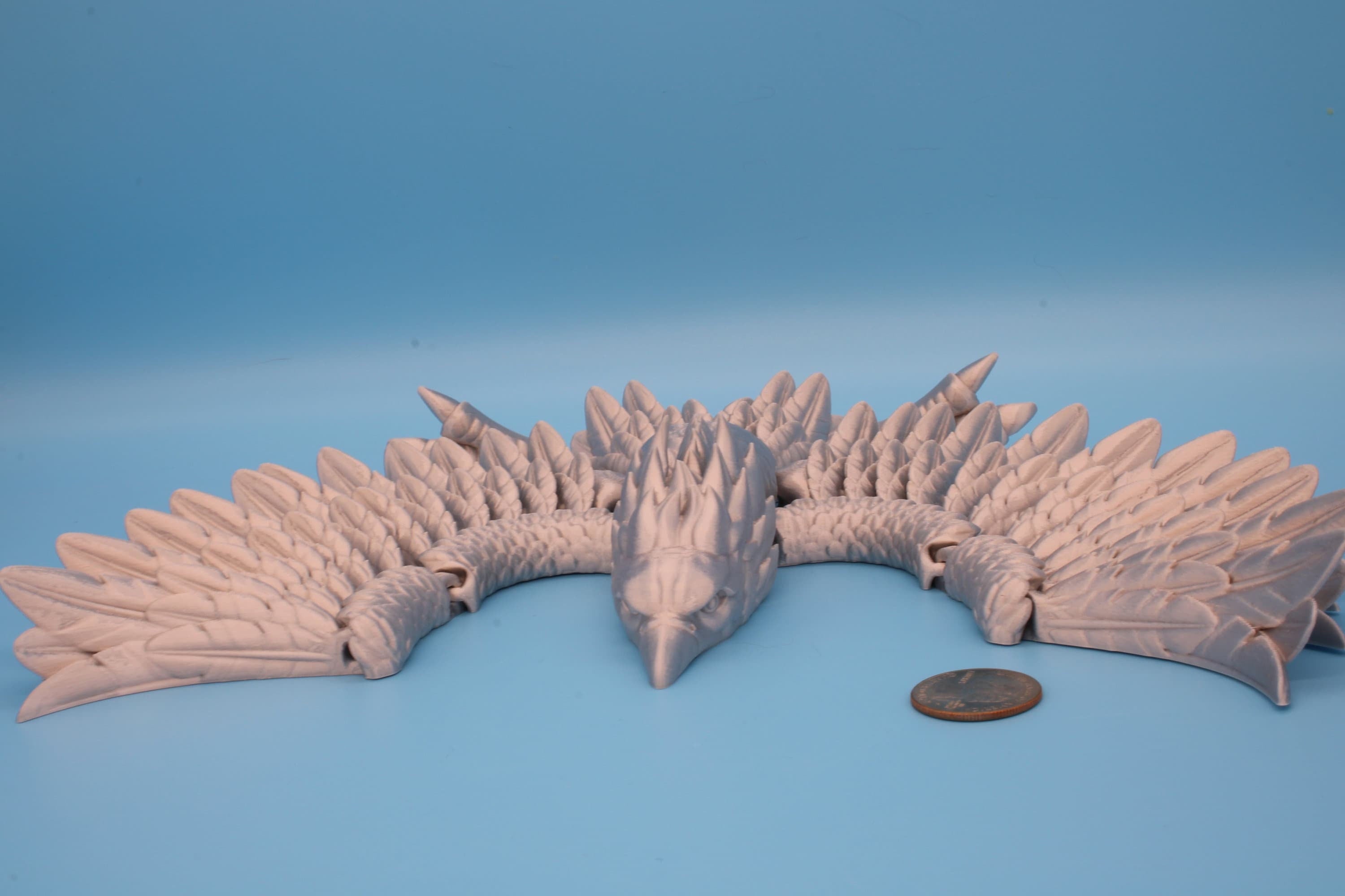 XL Phoenix Silver color | Cute Flexi | Unique 3D printed. | Great Articulating fidget toy, desk, sensory toy | 5.5 inch tall | 10 in wing.