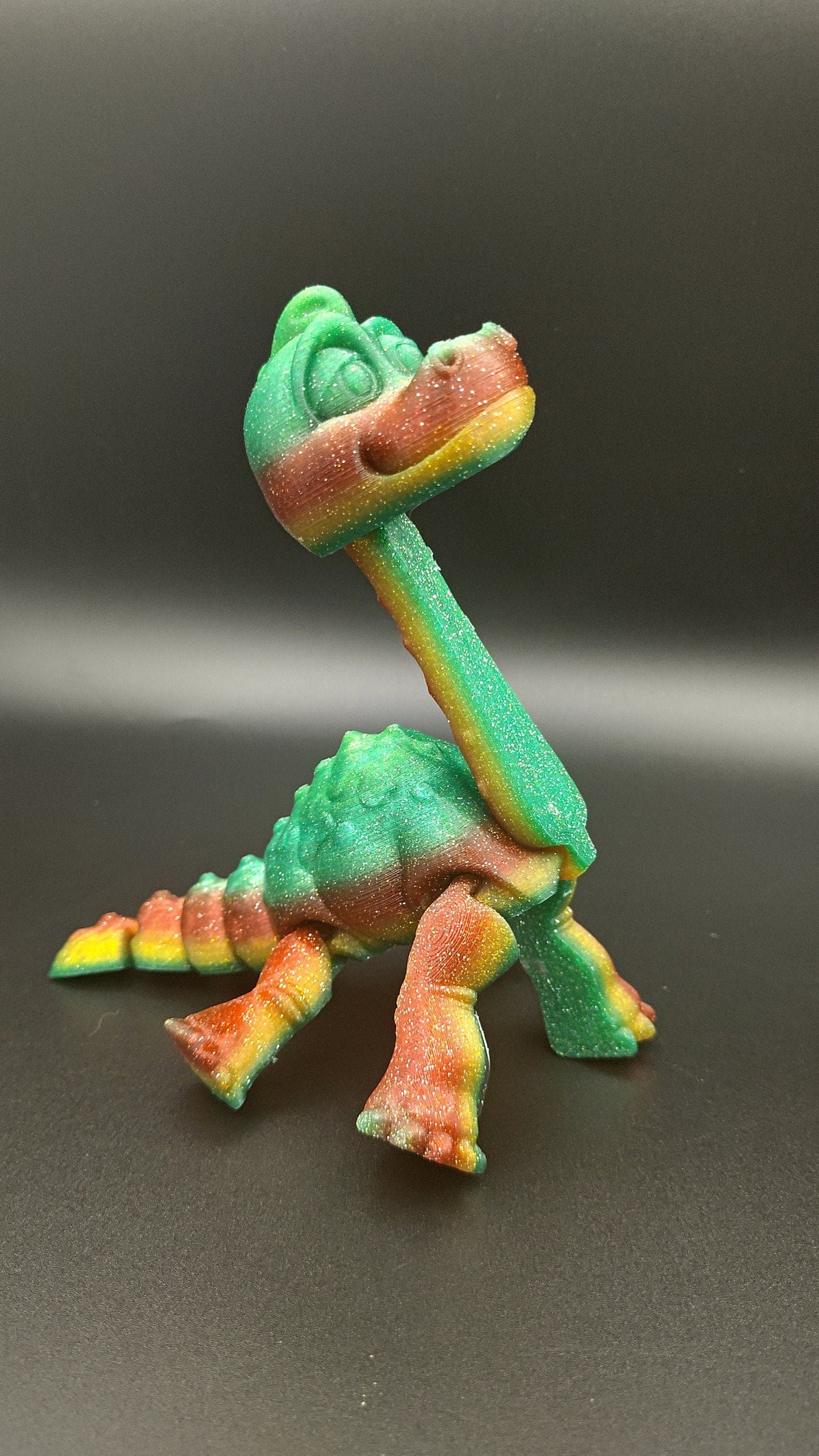 Rainbow Sparkle Brachiosaurus. Cute Flexi Articulating Dinosaur. 3D printed unique dino. Great fidget toy, buddy, desk art / toy. 9 in.