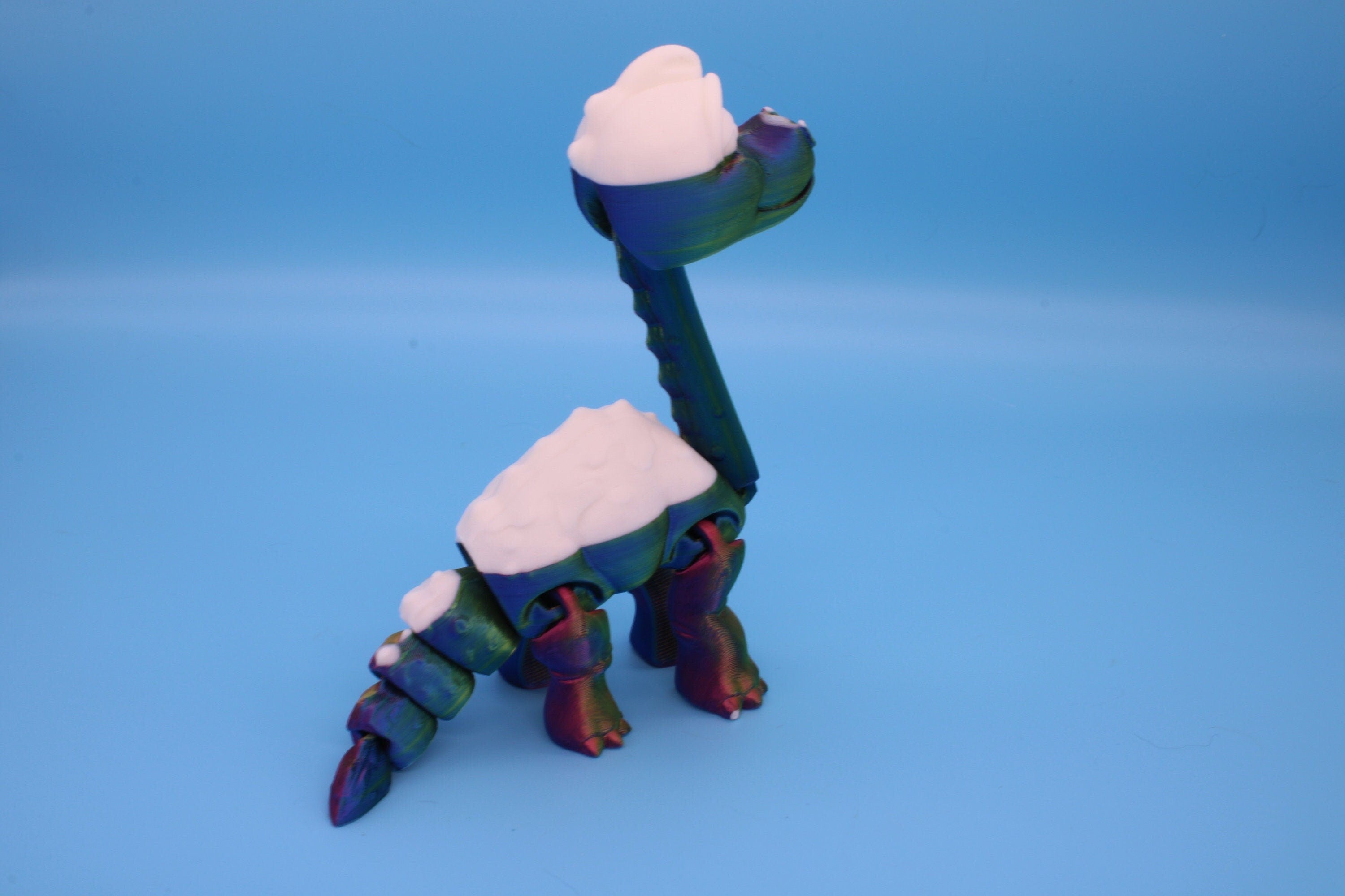 Rainbow / White Brachiosaurus. | Cute Flexi Articulating Dinosaur. | 3D printed unique dino. | Great fidget toy, buddy, desk art / toy 9 in.