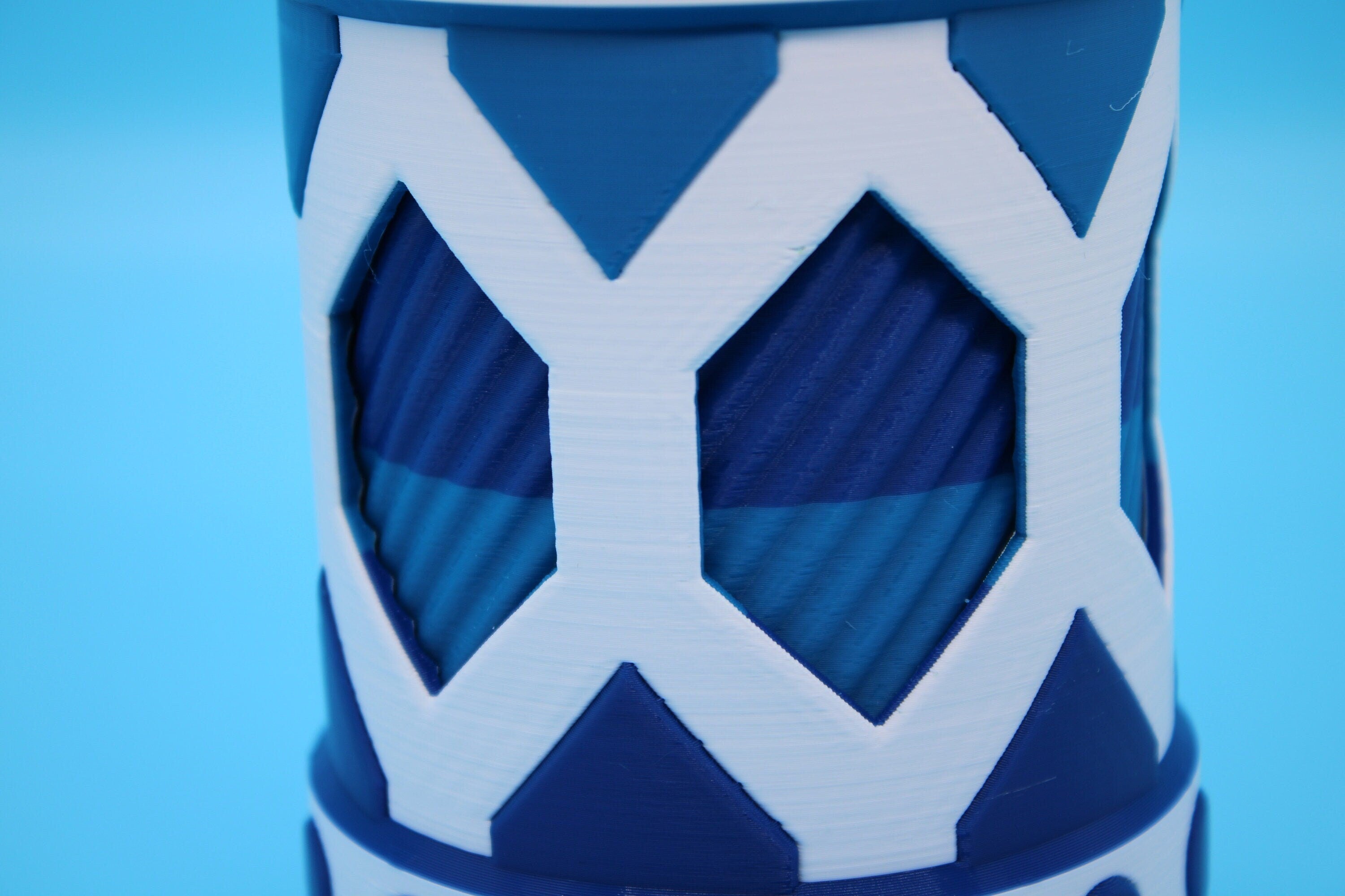Twist to lock storage container. Multi Blue and White. 3D Printed. Stash your favorite trinkets, cash, and more., Looks Amazing on display.