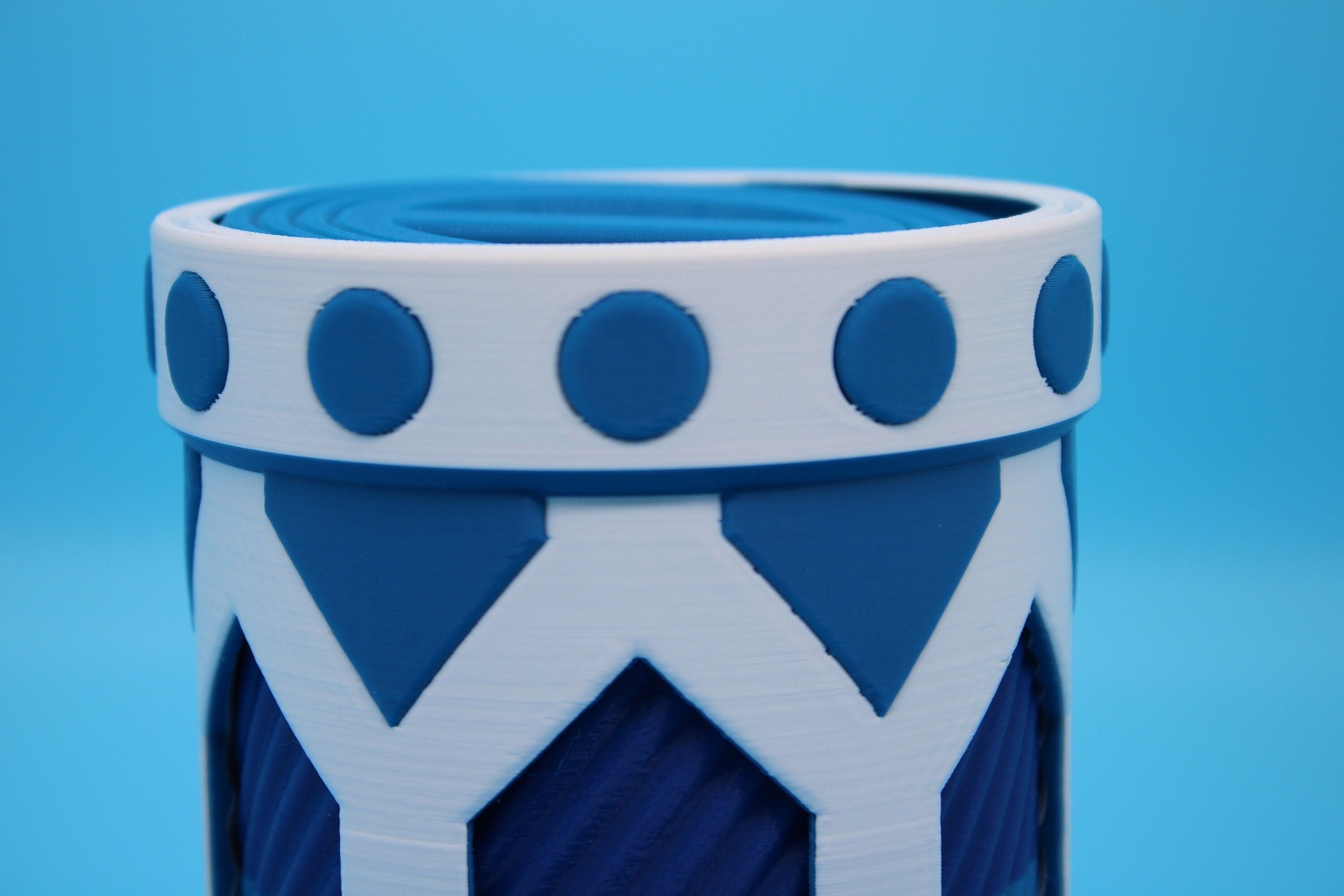 Twist to lock storage container. Multi Blue and White. 3D Printed. Stash your favorite trinkets, cash, and more., Looks Amazing on display.