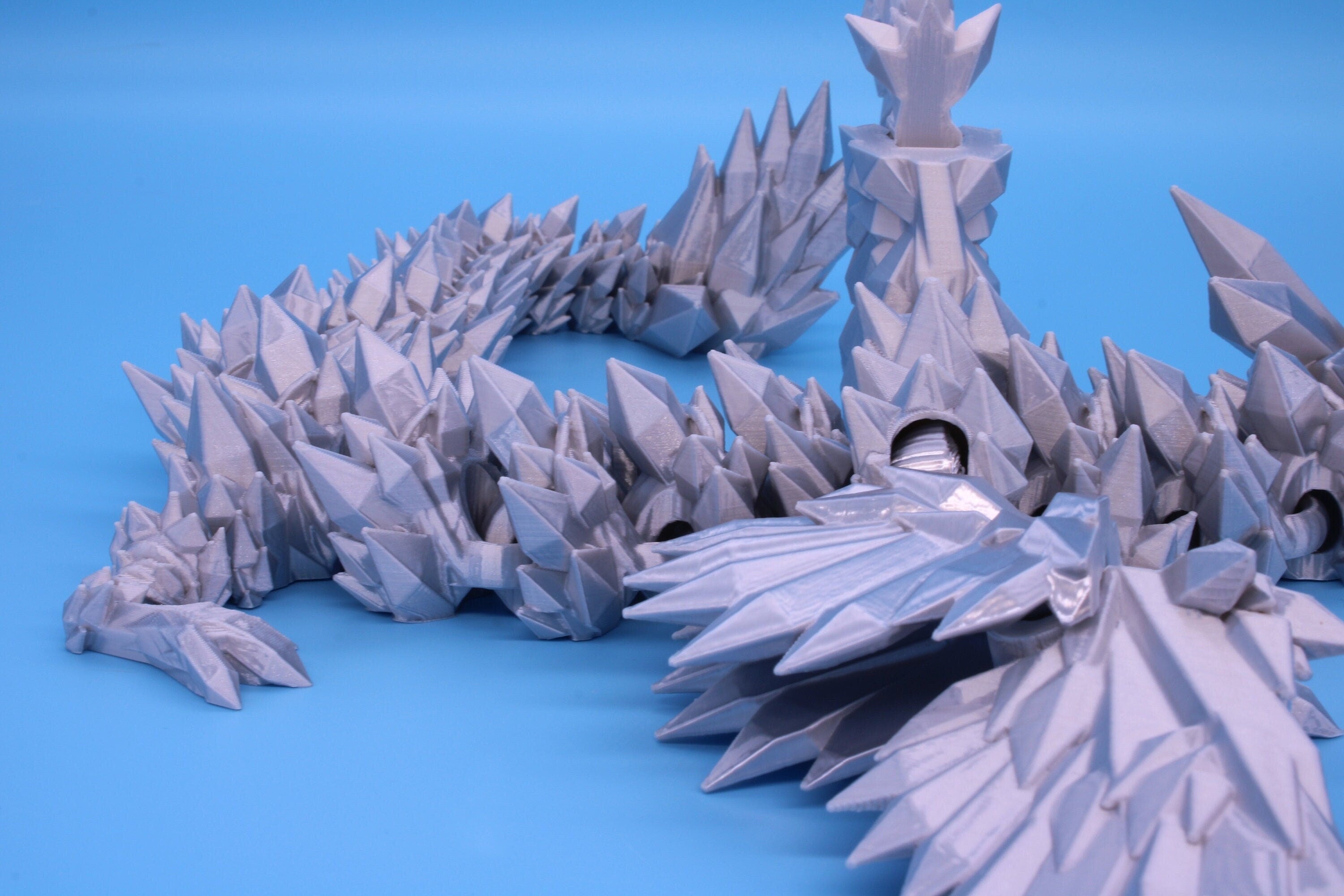 Silver color Crystal Winged Dragon | Crystal Winged Dragon 3D printed | Articulating Dragon Fidget | Flexi Toy 18 in. | Stress Relief, Gift.