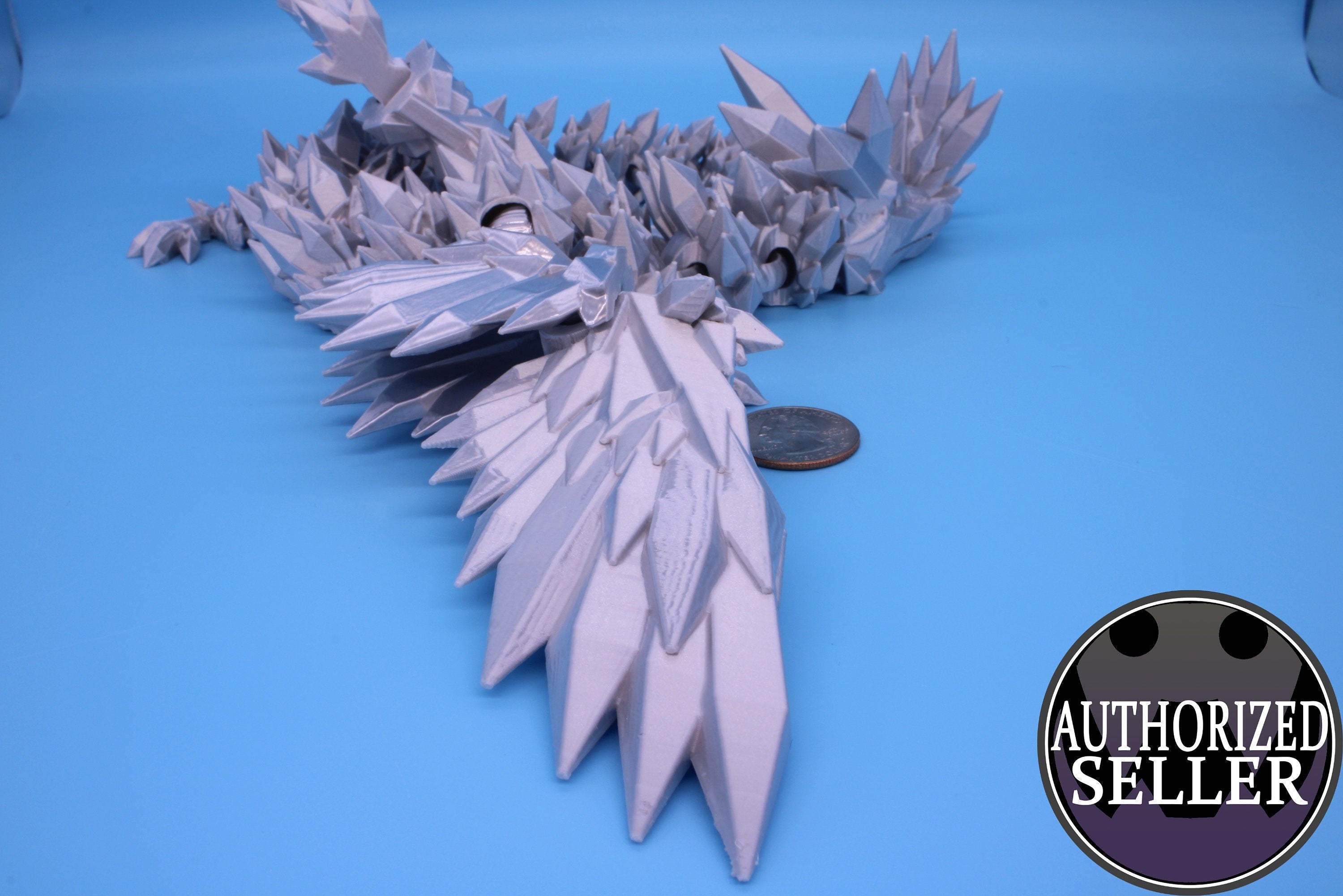 Silver color Crystal Winged Dragon | Crystal Winged Dragon 3D printed | Articulating Dragon Fidget | Flexi Toy 18 in. | Stress Relief, Gift.