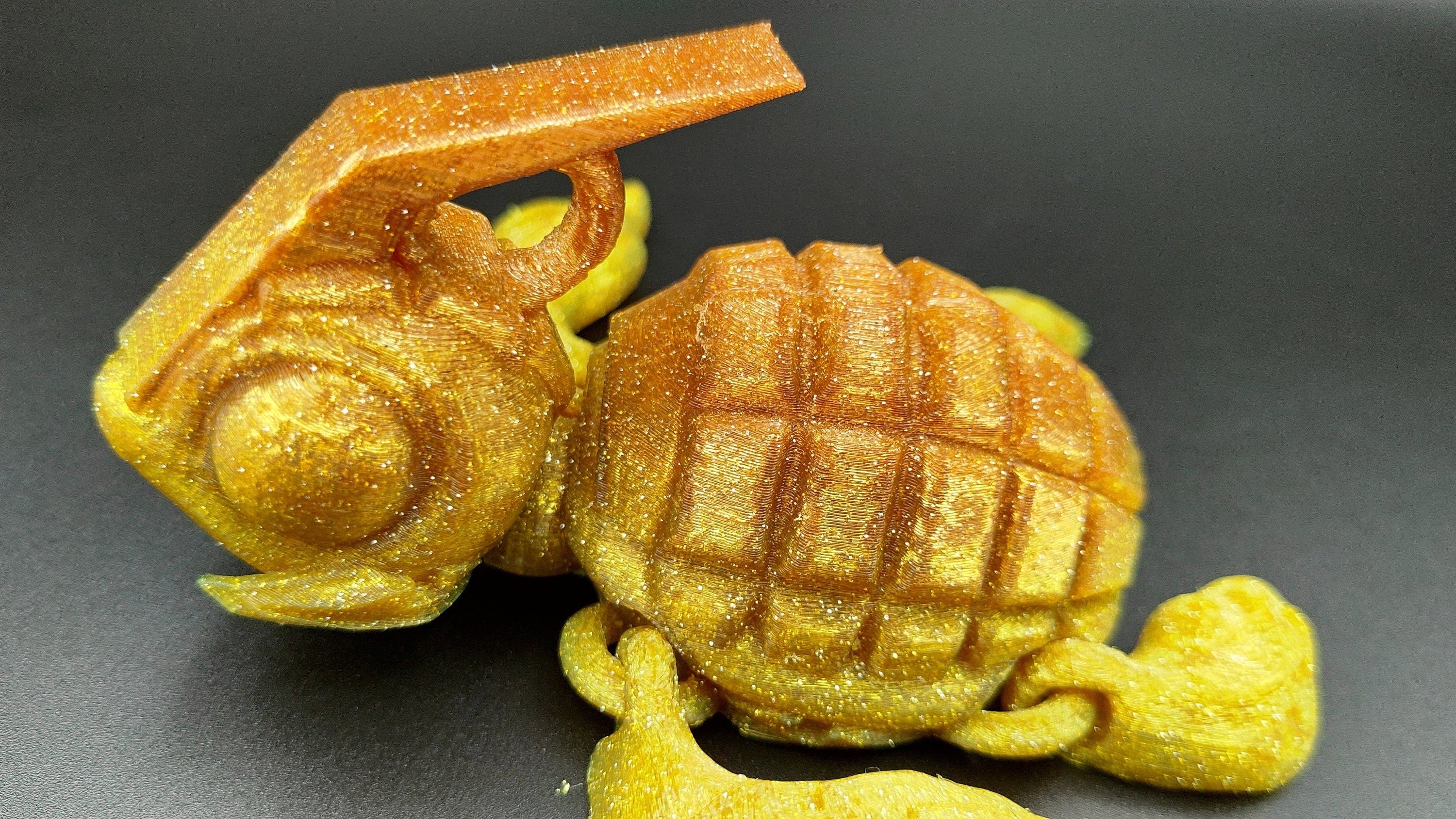 Yellow Gold mini orange color on top Grenade Turtle (Grenurtle) Detachable head. 3D printed