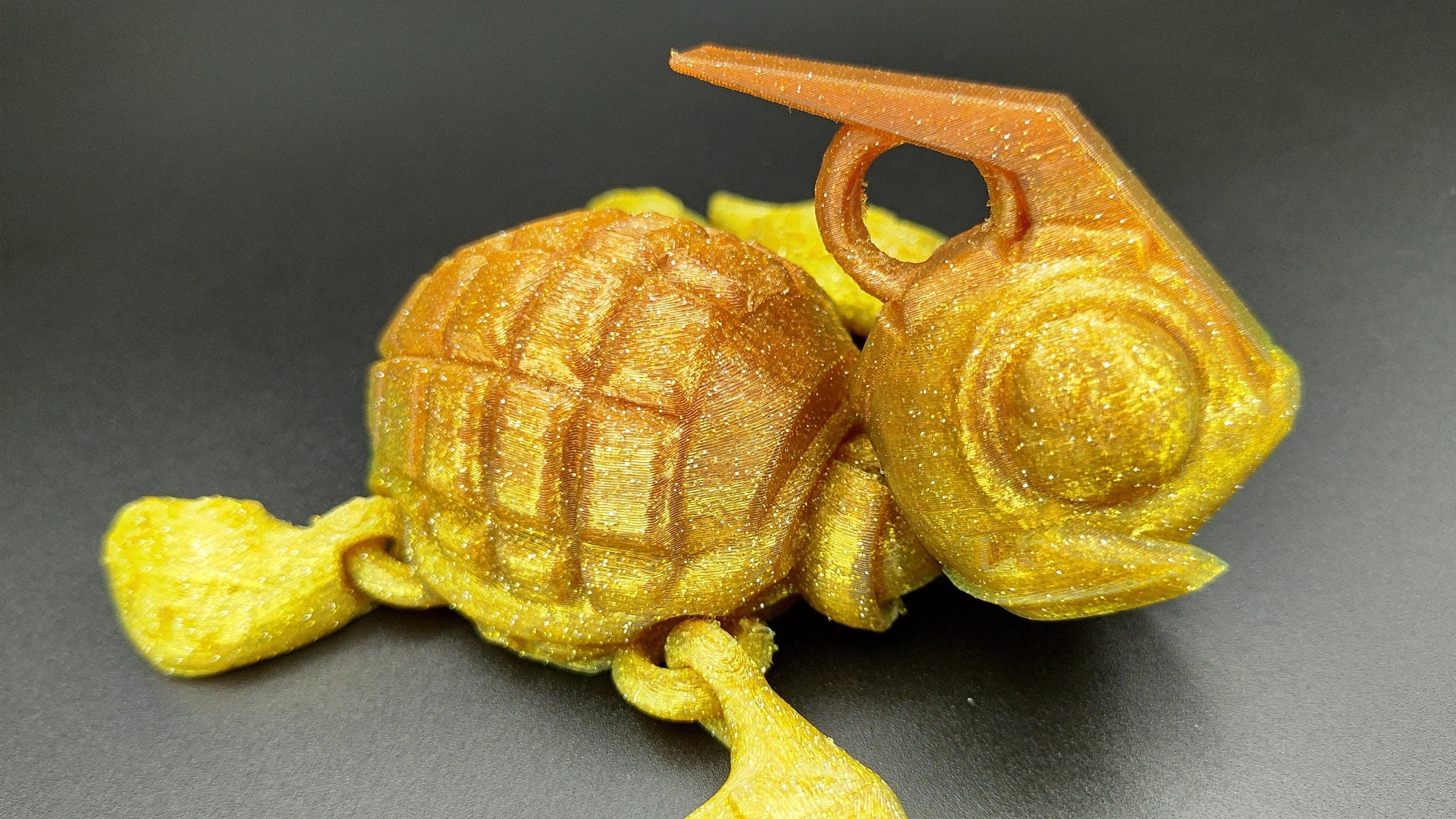 Yellow Gold mini orange color on top Grenade Turtle (Grenurtle) Detachable head. 3D printed