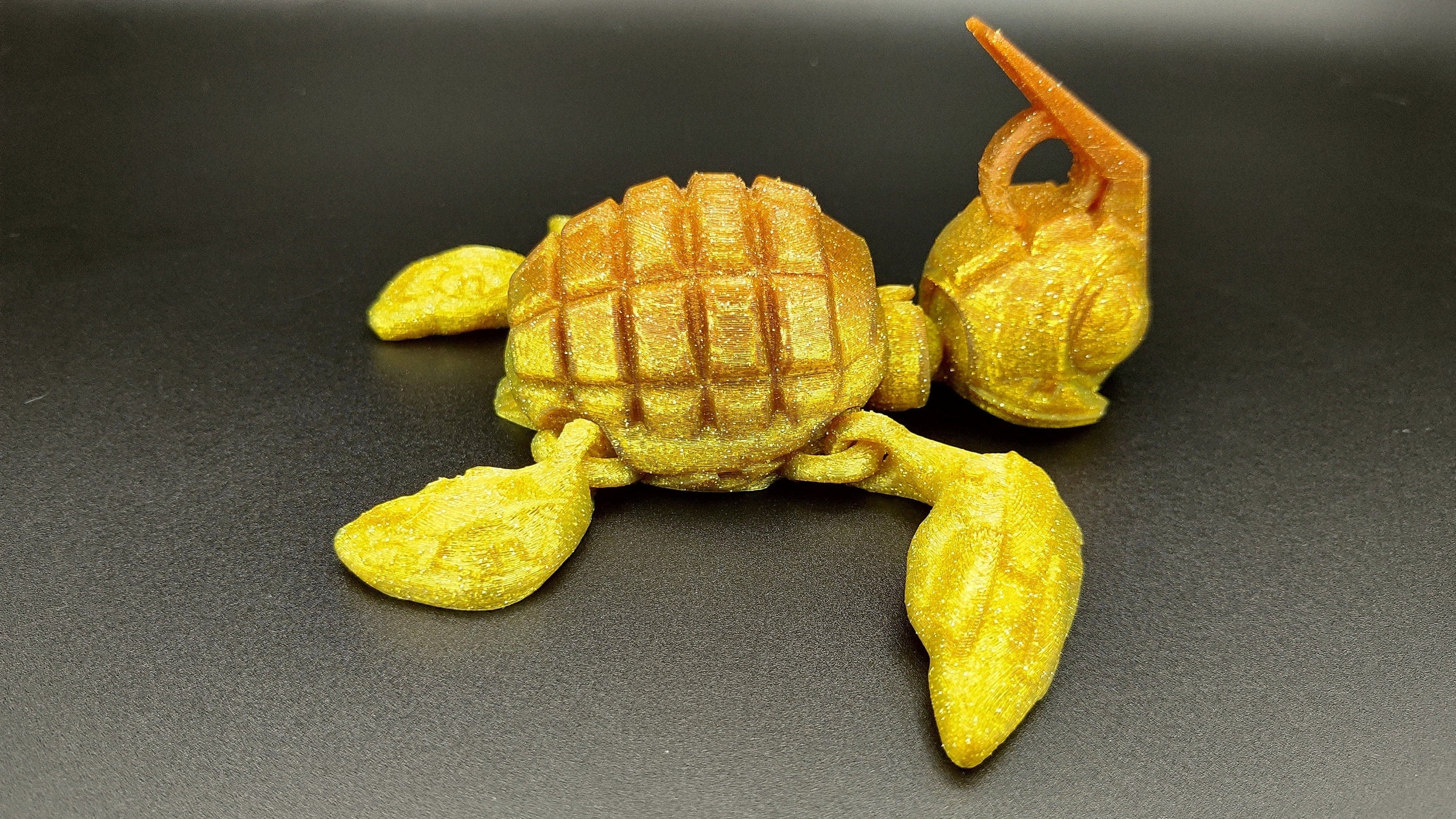 Yellow Gold mini orange color on top Grenade Turtle (Grenurtle) Detachable head. 3D printed