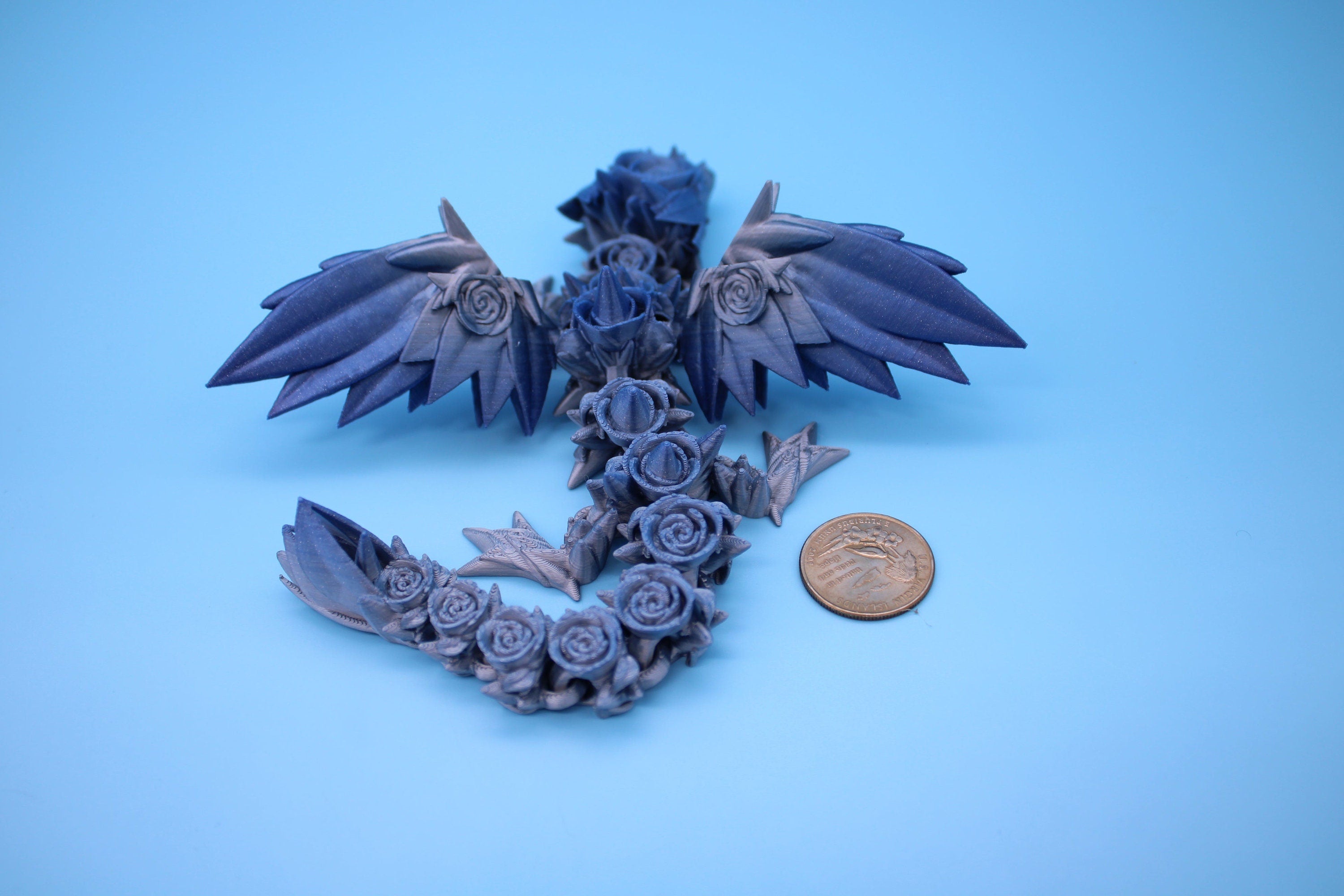 Miniature Baby Rose Wing Dragon | Blue / Silver | 3D printed articulating Toy Fidget | Flexi Toy 8.5 in. head to tail | Stress Relief Gift