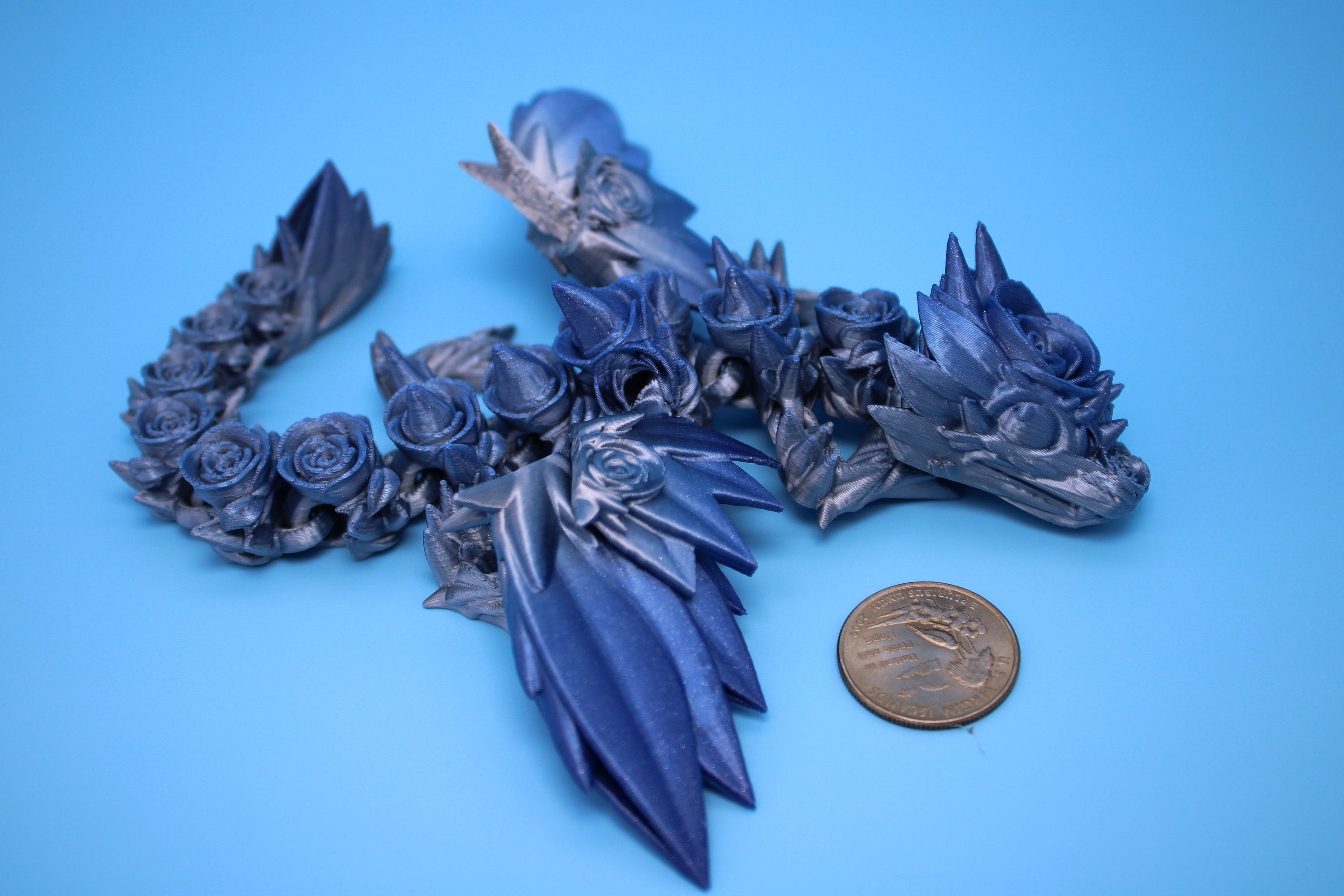 Miniature Baby Rose Wing Dragon | Blue / Silver | 3D printed articulating Toy Fidget | Flexi Toy 8.5 in. head to tail | Stress Relief Gift