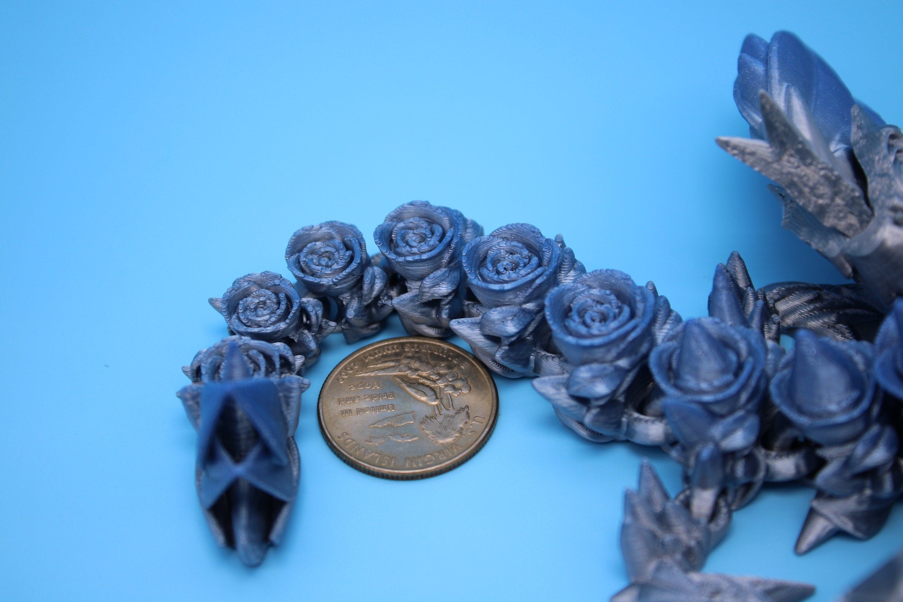 Miniature Baby Rose Wing Dragon | Blue / Silver | 3D printed articulating Toy Fidget | Flexi Toy 8.5 in. head to tail | Stress Relief Gift