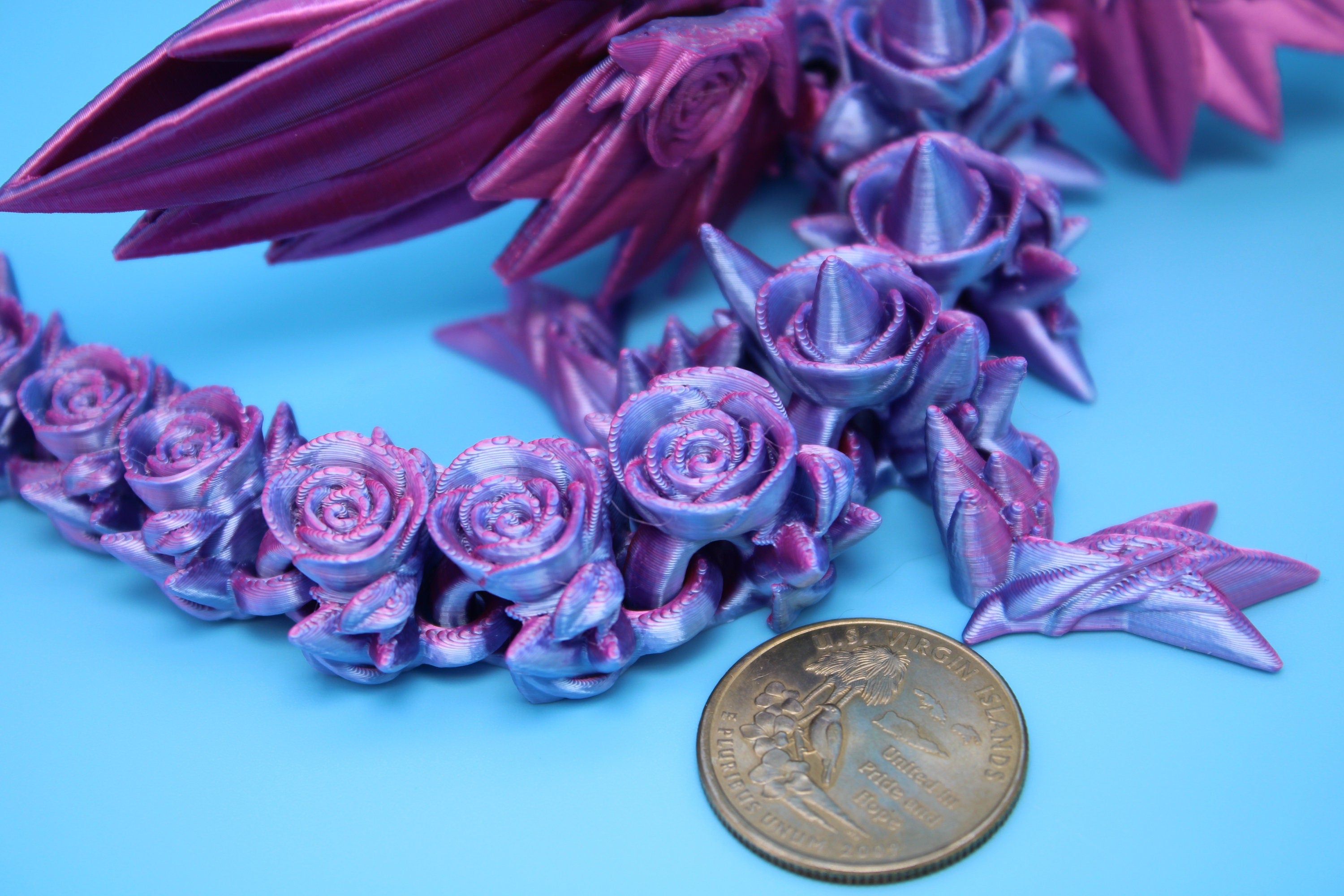 Baby Rose Wing Dragon | Blue / Pink | 3D Printed | Fidget | Flexi Toy 8.5 in. | Stress Relief Gift