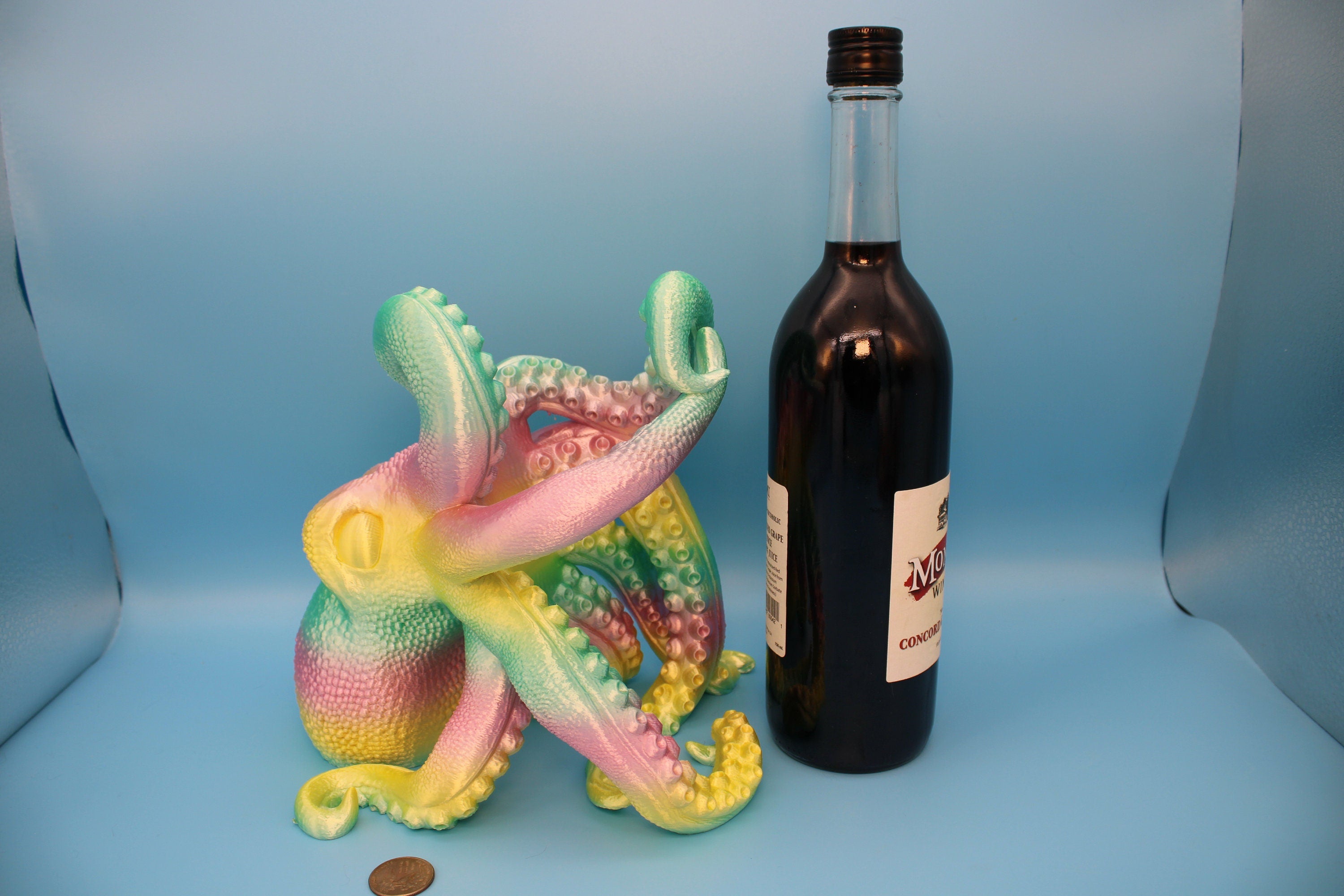 Rainbow Cute Octopus | Wine Bottle Holder | Bottle Display | 3D Printed Art | Holds Wine Bottles 750ml. standard size 9.5 in. circumference.