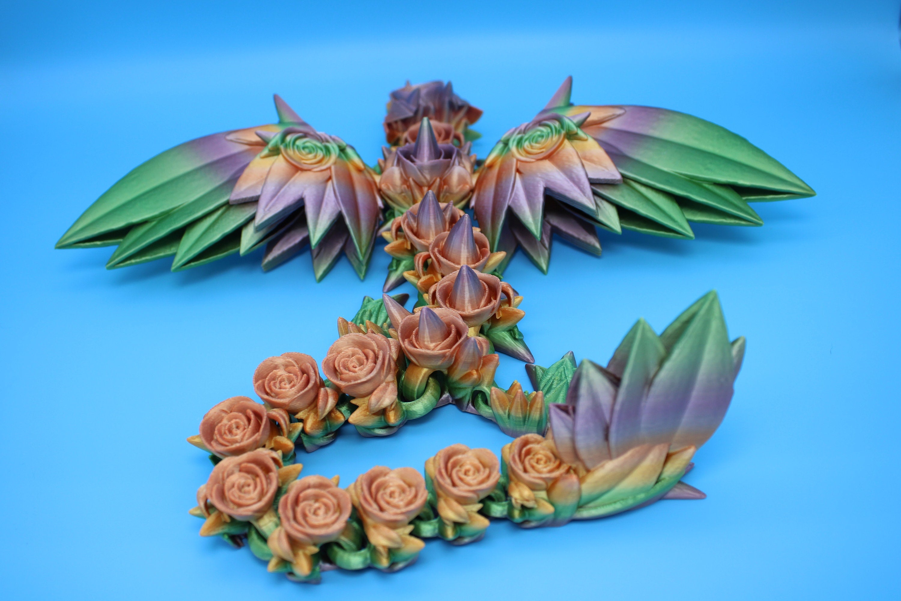 Rose Wing Dragon- Rainbow | Articulating Dragon | 3D Printed Fidget | 19 in.