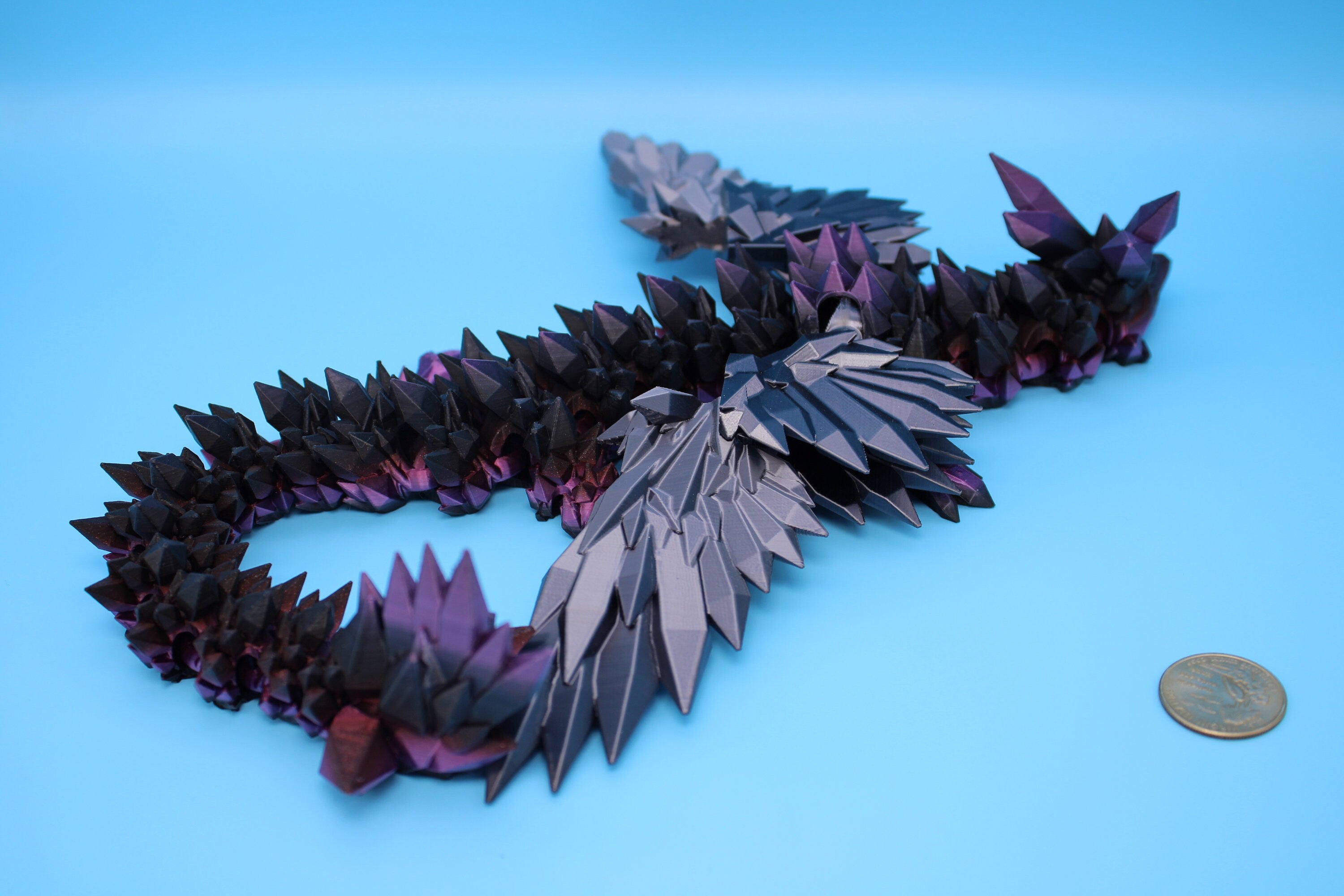 Crystal Wing Dragon- Dark Rainbow with Black Wings | 3D printed | 18 in. | Articulating Dragon | Flexi Toy.