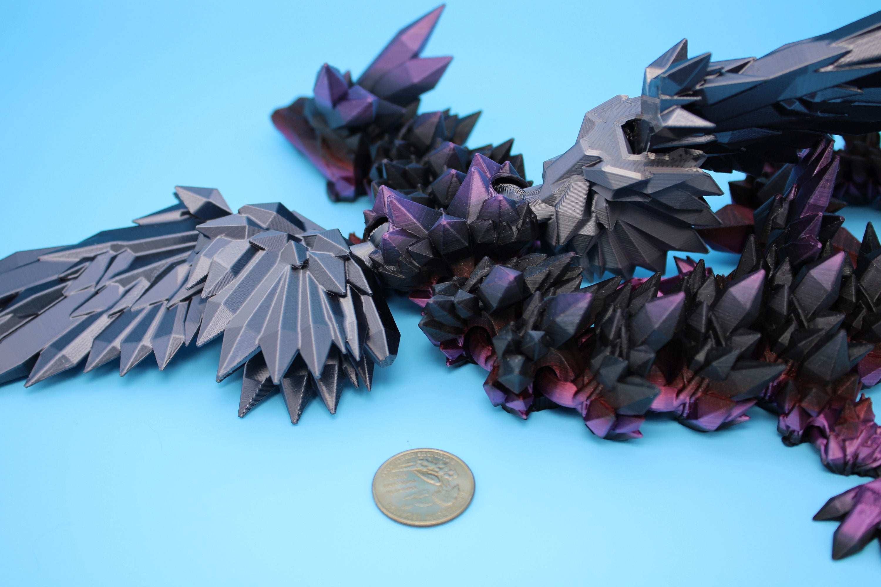 Crystal Wing Dragon- Dark Rainbow with Black Wings | 3D printed | 18 in. | Articulating Dragon | Flexi Toy.