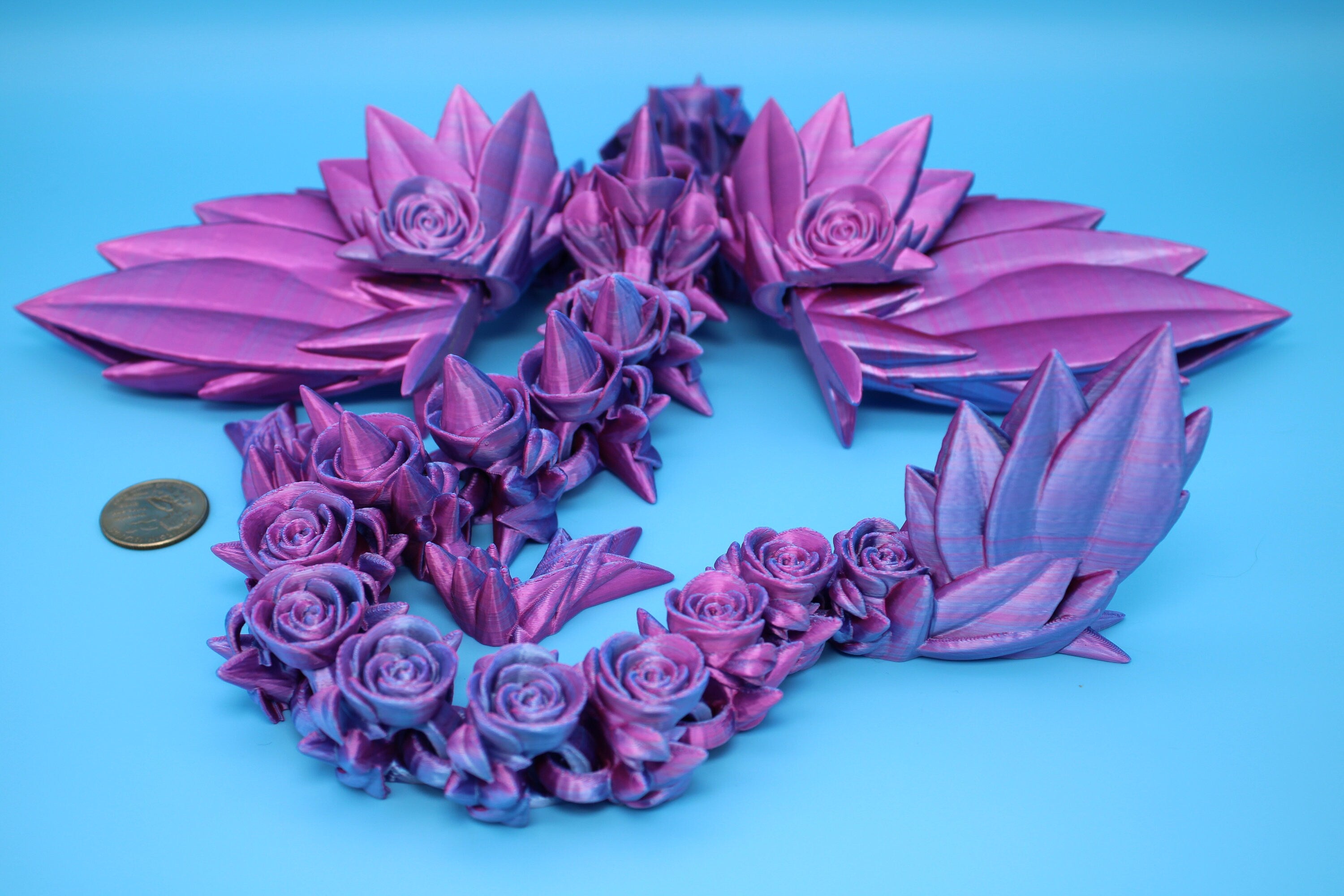 Rose Wing Dragon- Pink & Blue | Articulating Dragon | 3D Printed Fidget | 19 in.