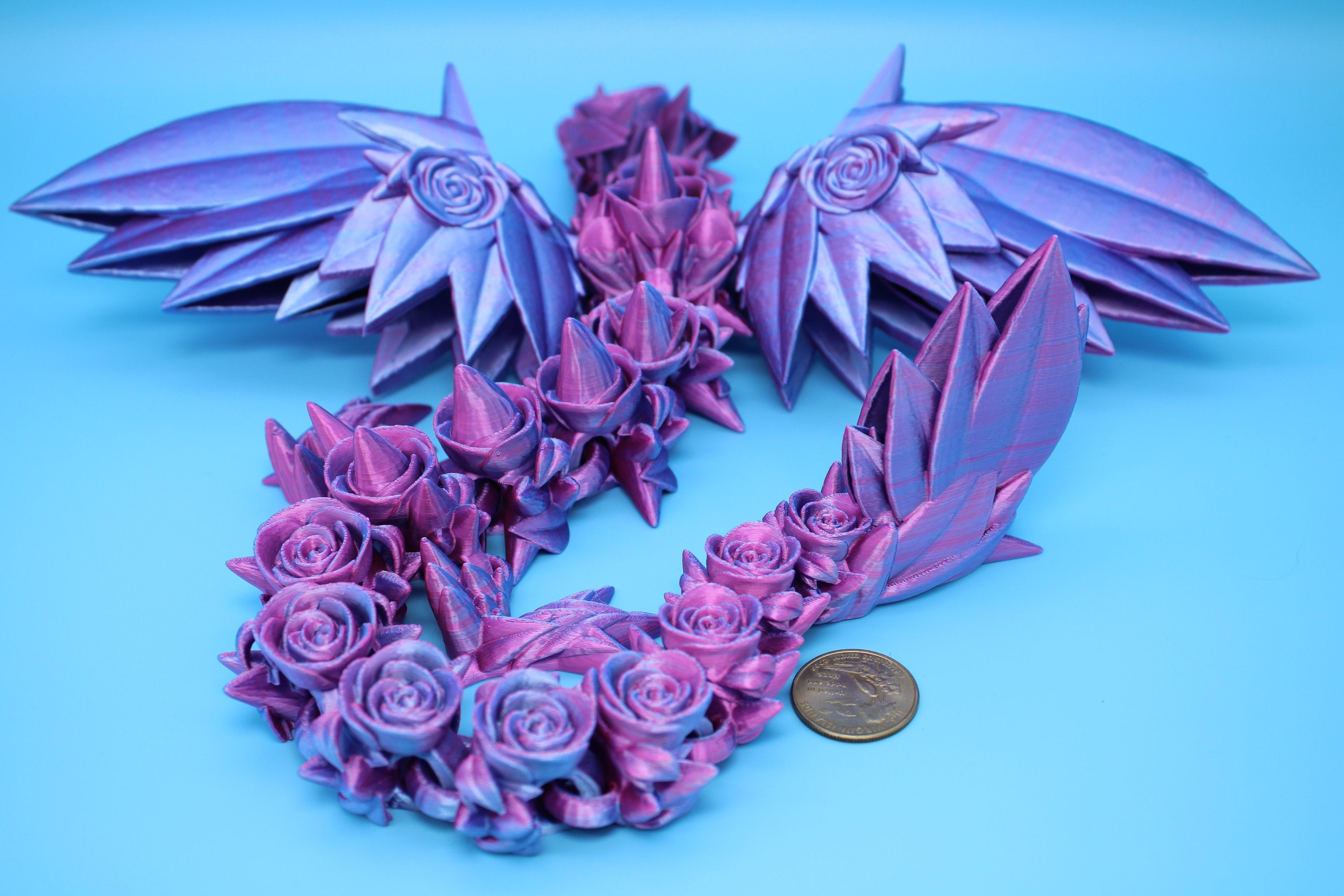 Rose Wing Dragon- Pink & Blue | Articulating Dragon | 3D Printed Fidget | 19 in.