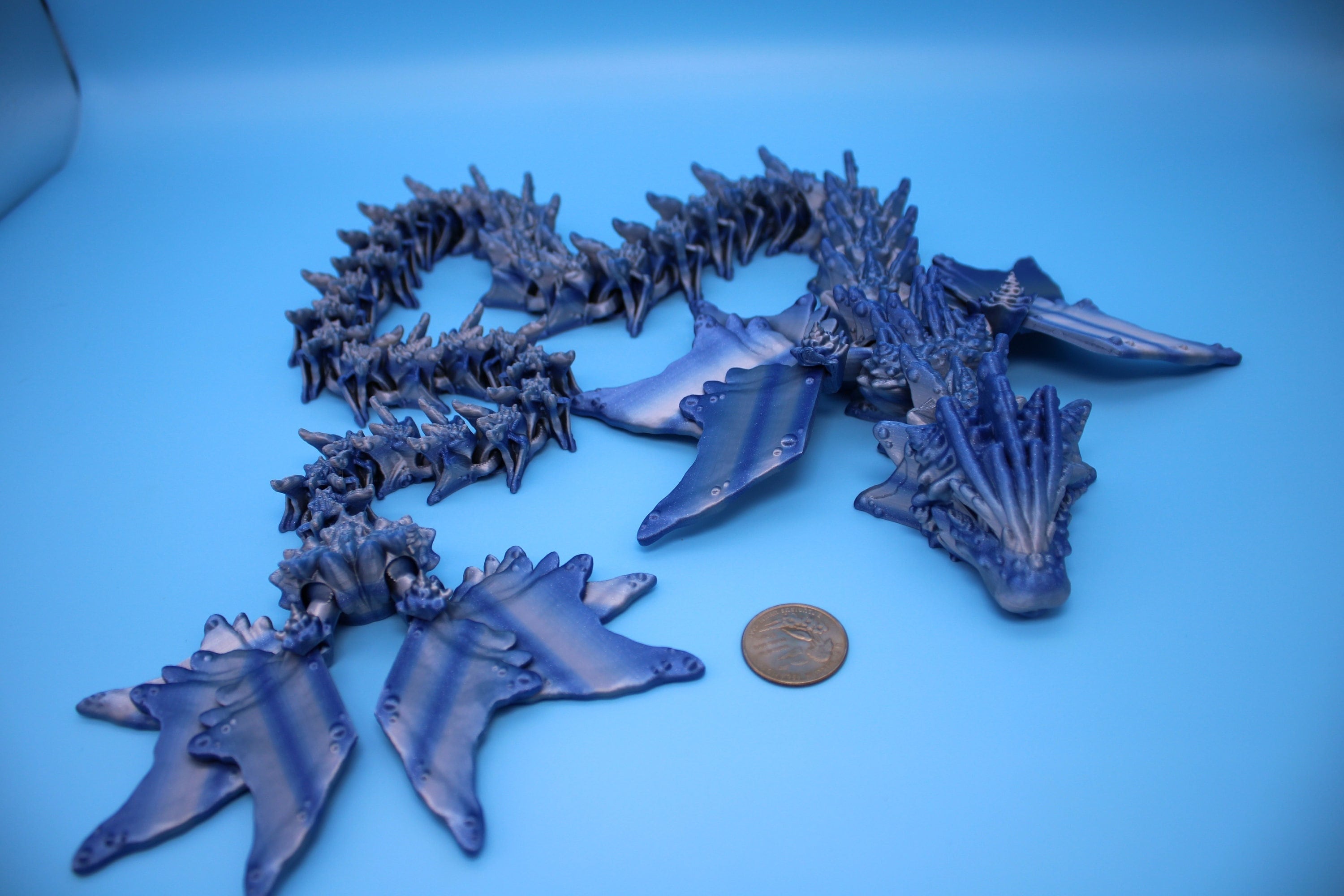 Blue / Silver Ocean Dragon | Articulating Dragon | 3D Printed Fidget | Flexi Toy | Adult Fidget Toy | Sensory Desk Toy | 32 in. Serpent LONG