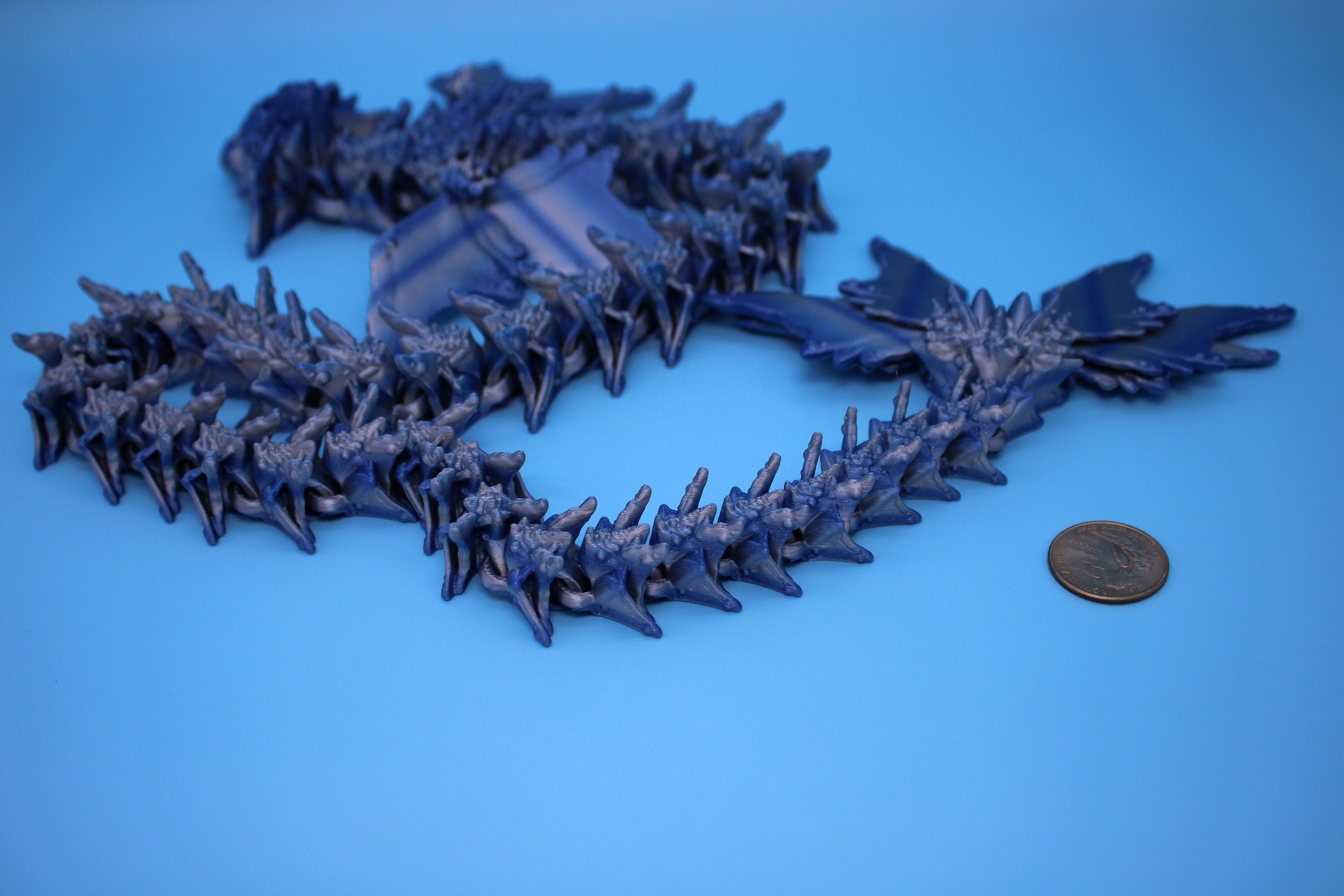 Blue / Silver Ocean Dragon | Articulating Dragon | 3D Printed Fidget | Flexi Toy | Adult Fidget Toy | Sensory Desk Toy | 32 in. Serpent LONG