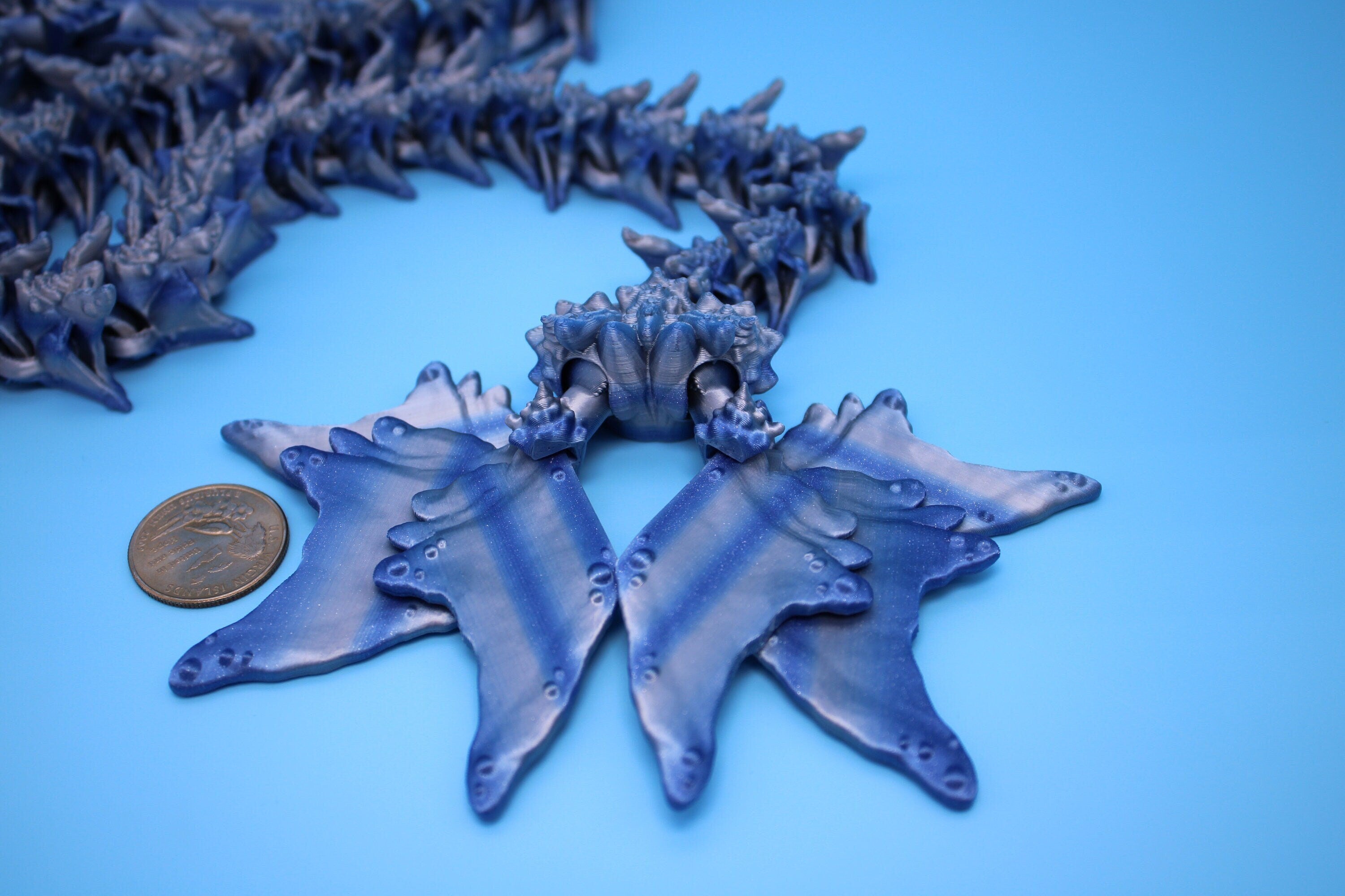 Blue / Silver Ocean Dragon | Articulating Dragon | 3D Printed Fidget | Flexi Toy | Adult Fidget Toy | Sensory Desk Toy | 32 in. Serpent LONG