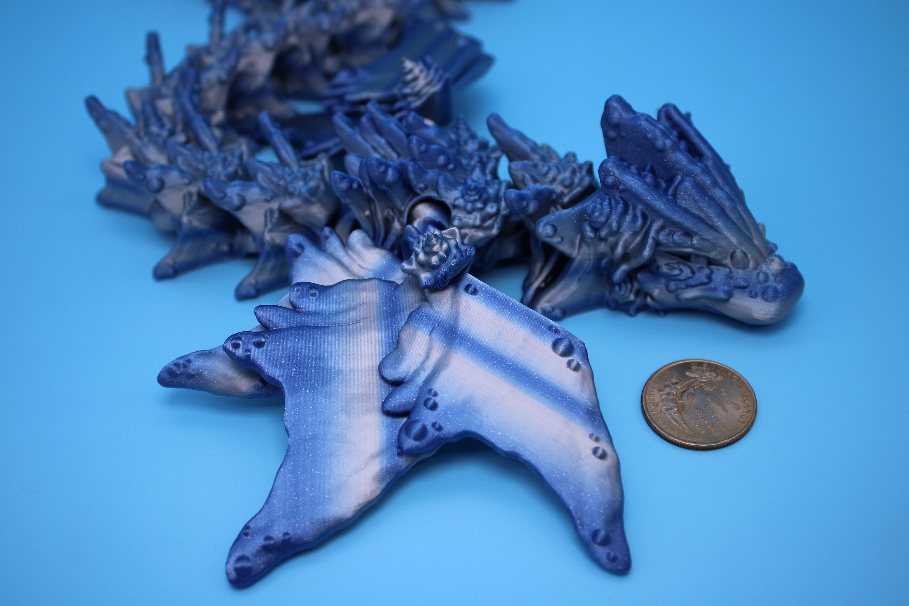 Blue / Silver Ocean Dragon | Articulating Dragon | 3D Printed Fidget | Flexi Toy | Adult Fidget Toy | Sensory Desk Toy | 32 in. Serpent LONG