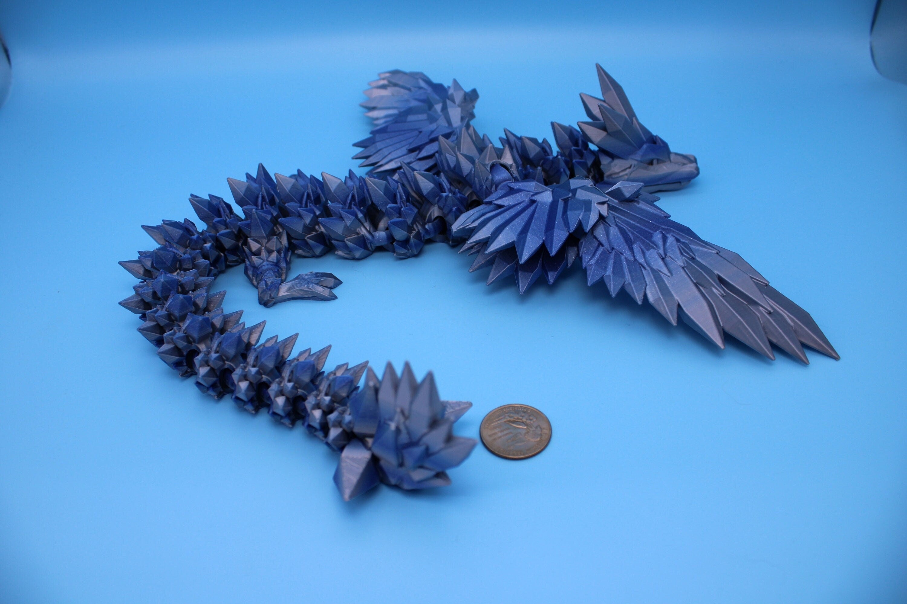 Crystal Winged Dragon | Blue / Silver Crystal Wing Dragon | 3D printed | Articulating Dragon | Fidget Toy | Flexi Toy | 18 in