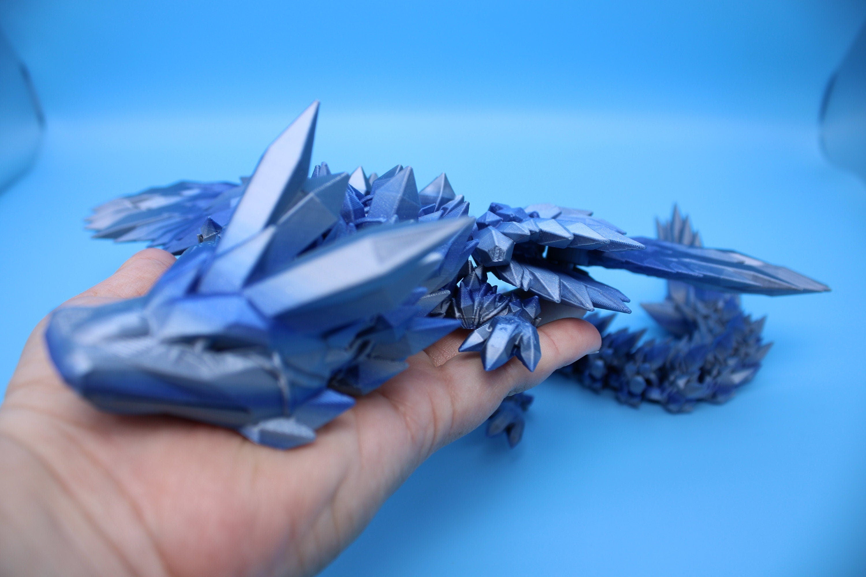 Crystal Winged Dragon | Blue / Silver Crystal Wing Dragon | 3D printed | Articulating Dragon | Fidget Toy | Flexi Toy | 18 in